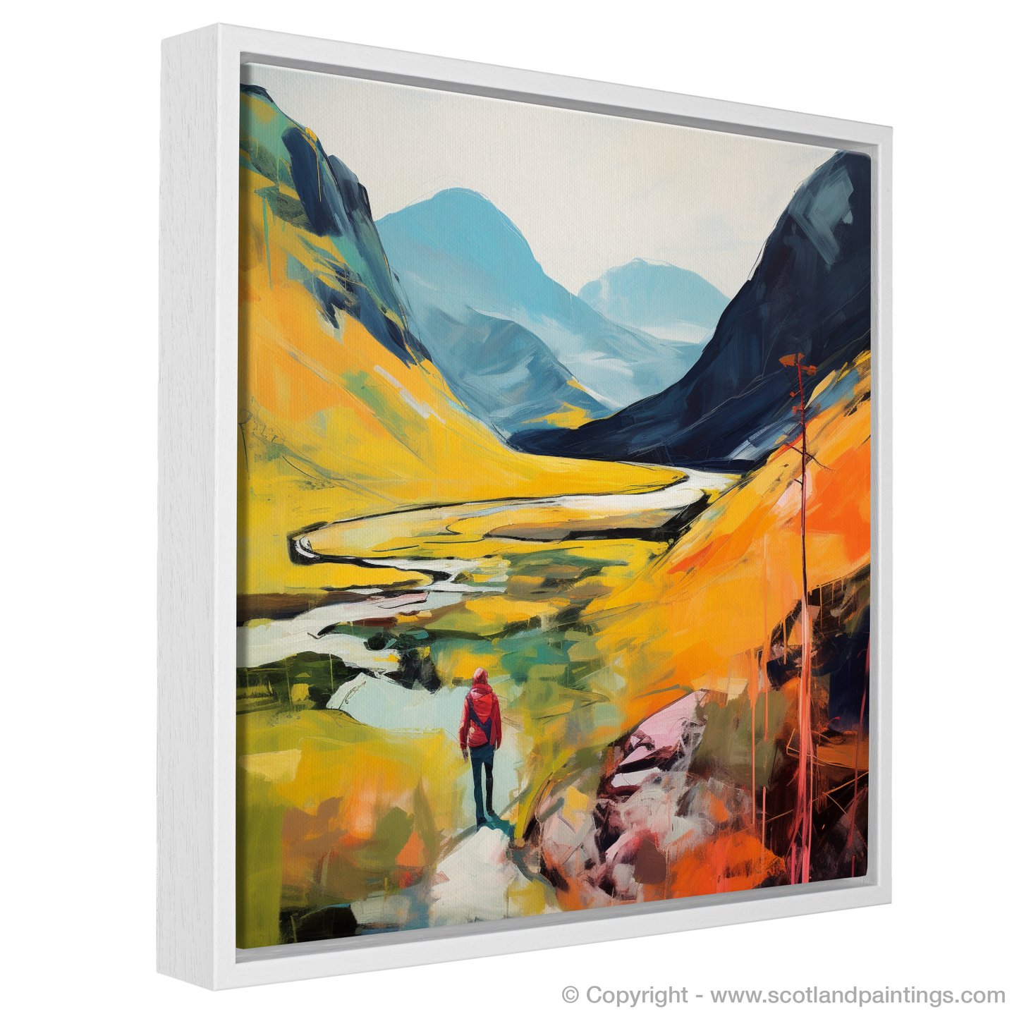 Painting and Art Print of Lone hiker in Glencoe during summer entitled "Lone Hiker's Summer Journey Through Glencoe Highlands".