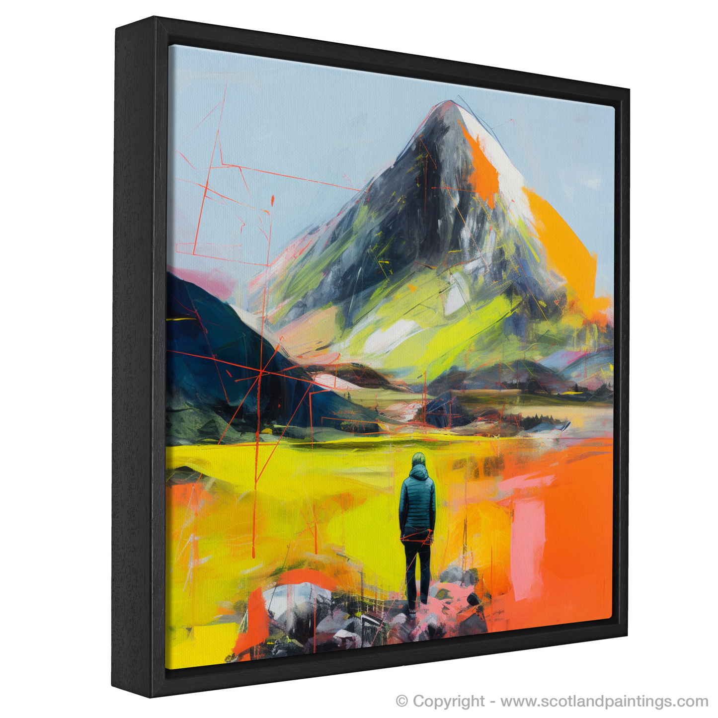 Painting and Art Print of Lone hiker in Glencoe during summer. Lone Hiker's Gaze: A Modern Vision of Glencoe in Summer.