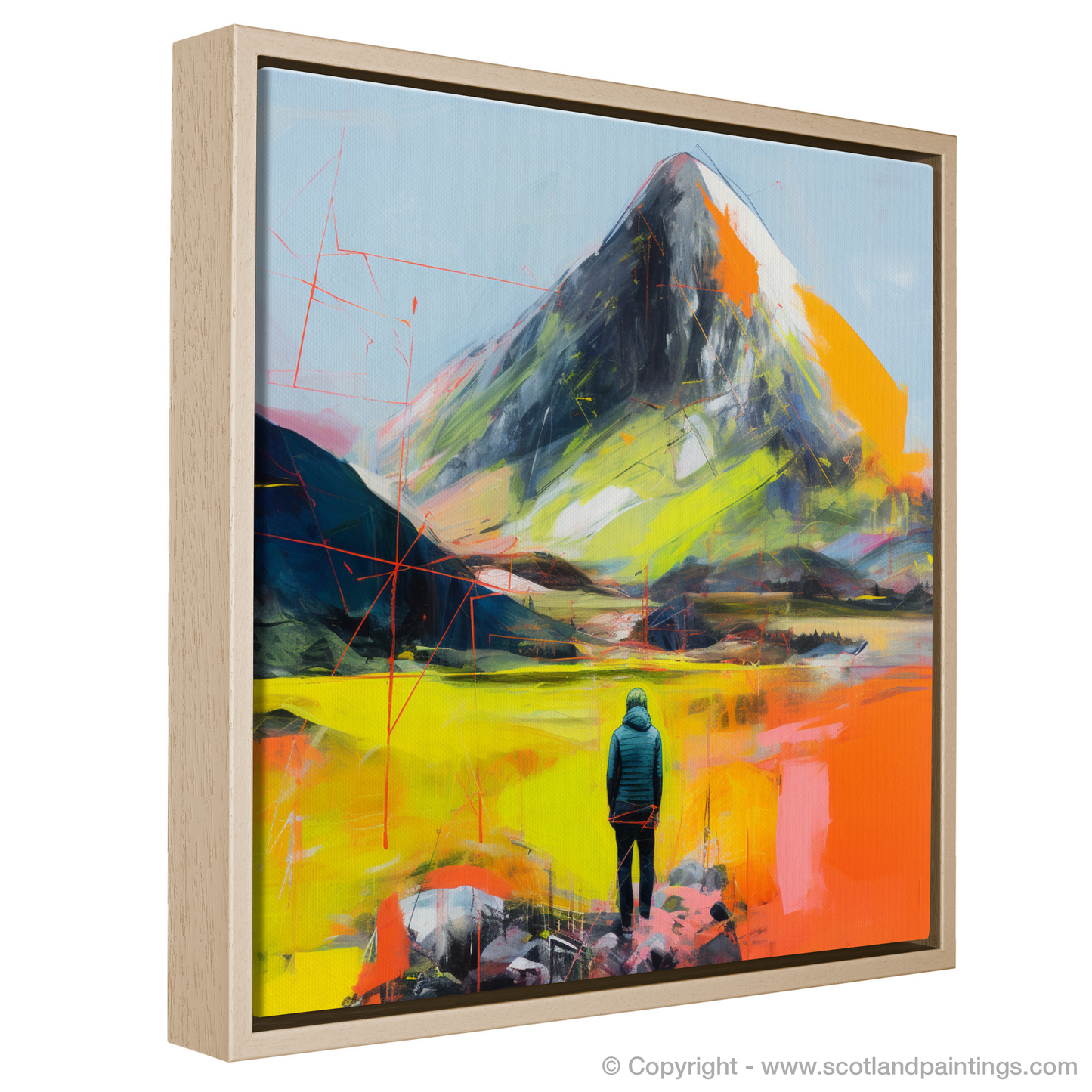 Painting and Art Print of Lone hiker in Glencoe during summer. Lone Hiker's Gaze: A Modern Vision of Glencoe in Summer.