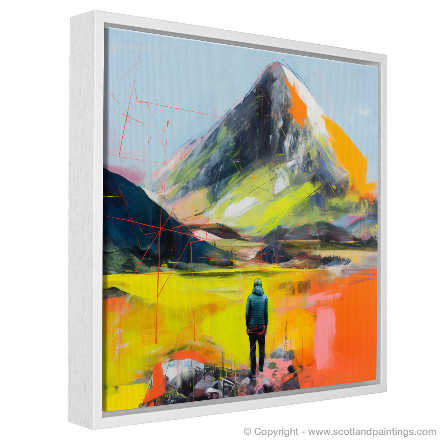 Painting and Art Print of Lone hiker in Glencoe during summer. Lone Hiker's Gaze: A Modern Vision of Glencoe in Summer.