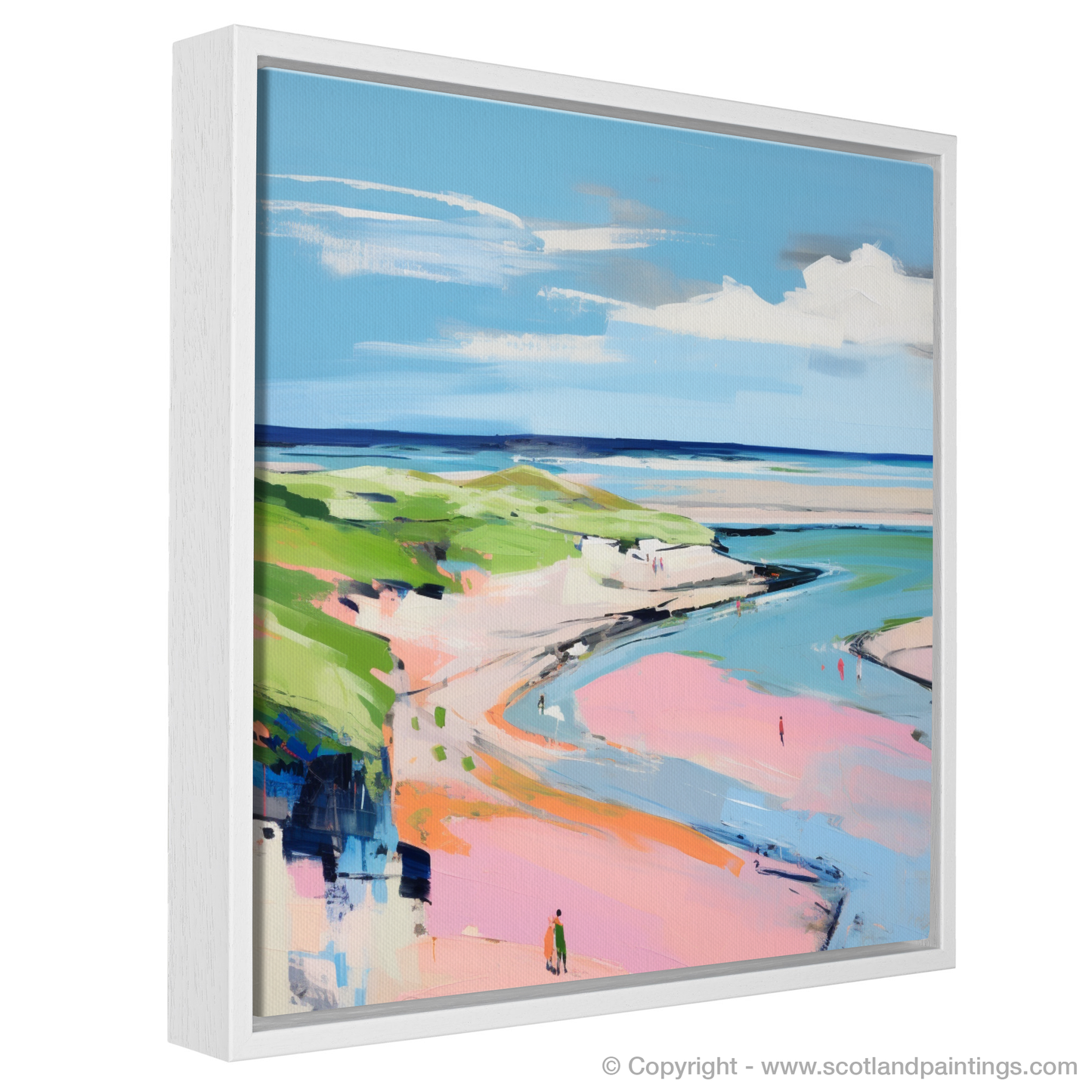 Painting and Art Print of St Cyrus Beach, Aberdeenshire in summer entitled "Aberdeenshire Summer Serenity: A Modern Ode to St Cyrus Beach".