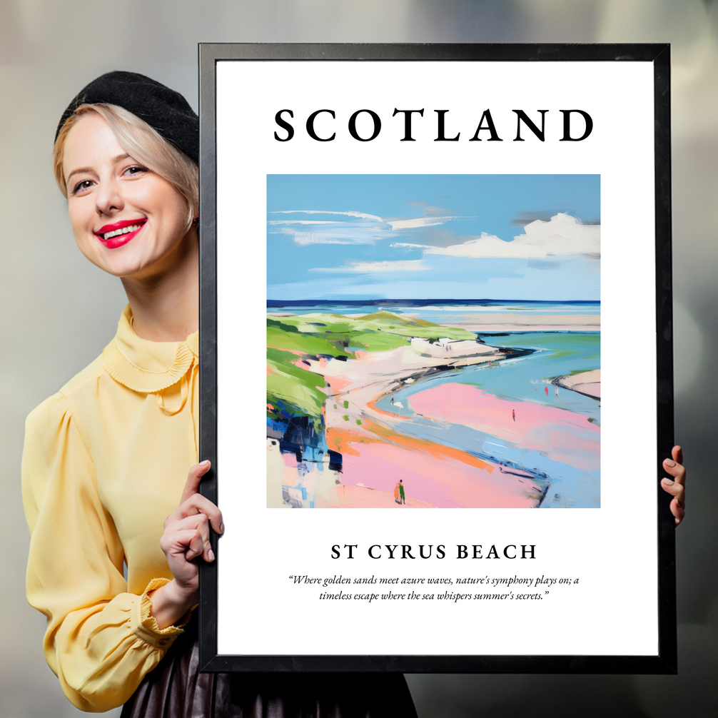 Person holding a poster of St Cyrus Beach