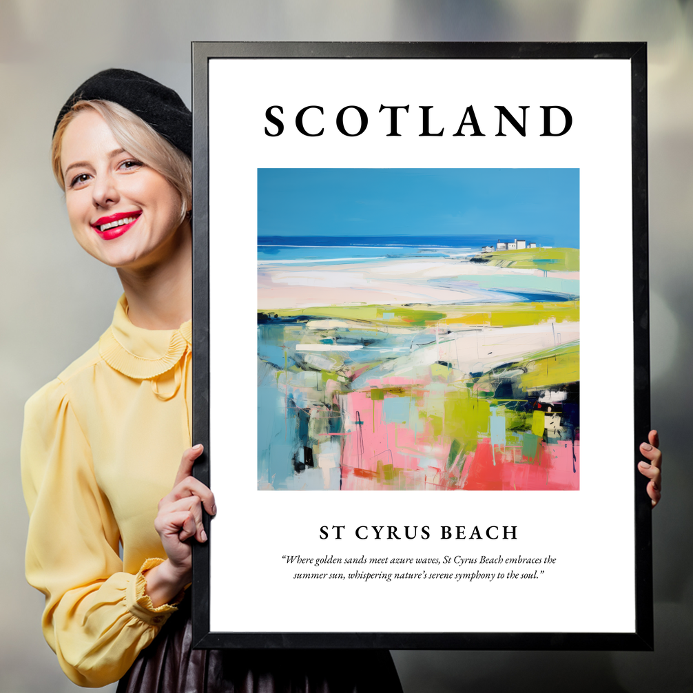 Person holding a poster of St Cyrus Beach