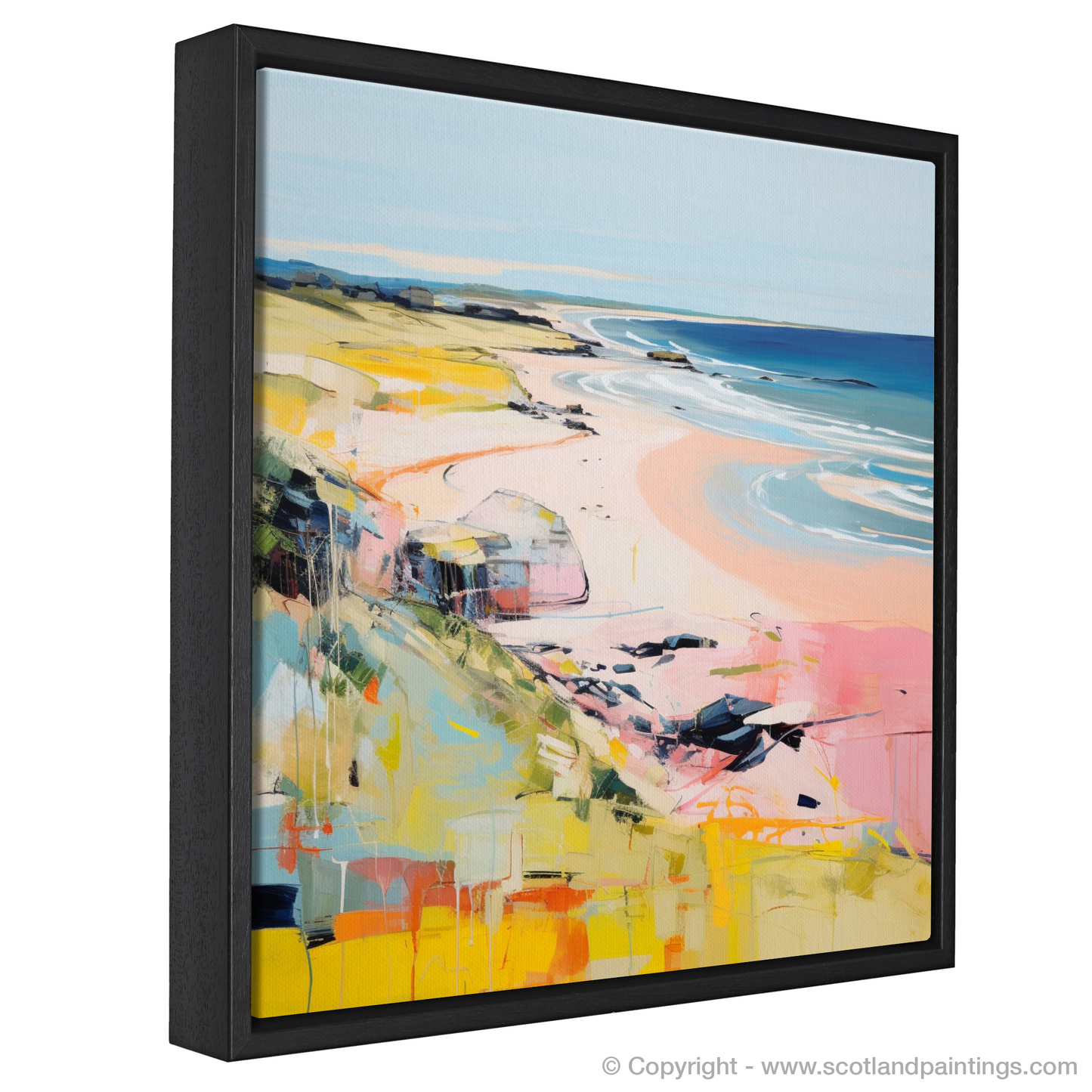 Painting and Art Print of St Cyrus Beach, Aberdeenshire in summer entitled "Aberdeenshire's Summer Serenade: St Cyrus Beach Reimagined".