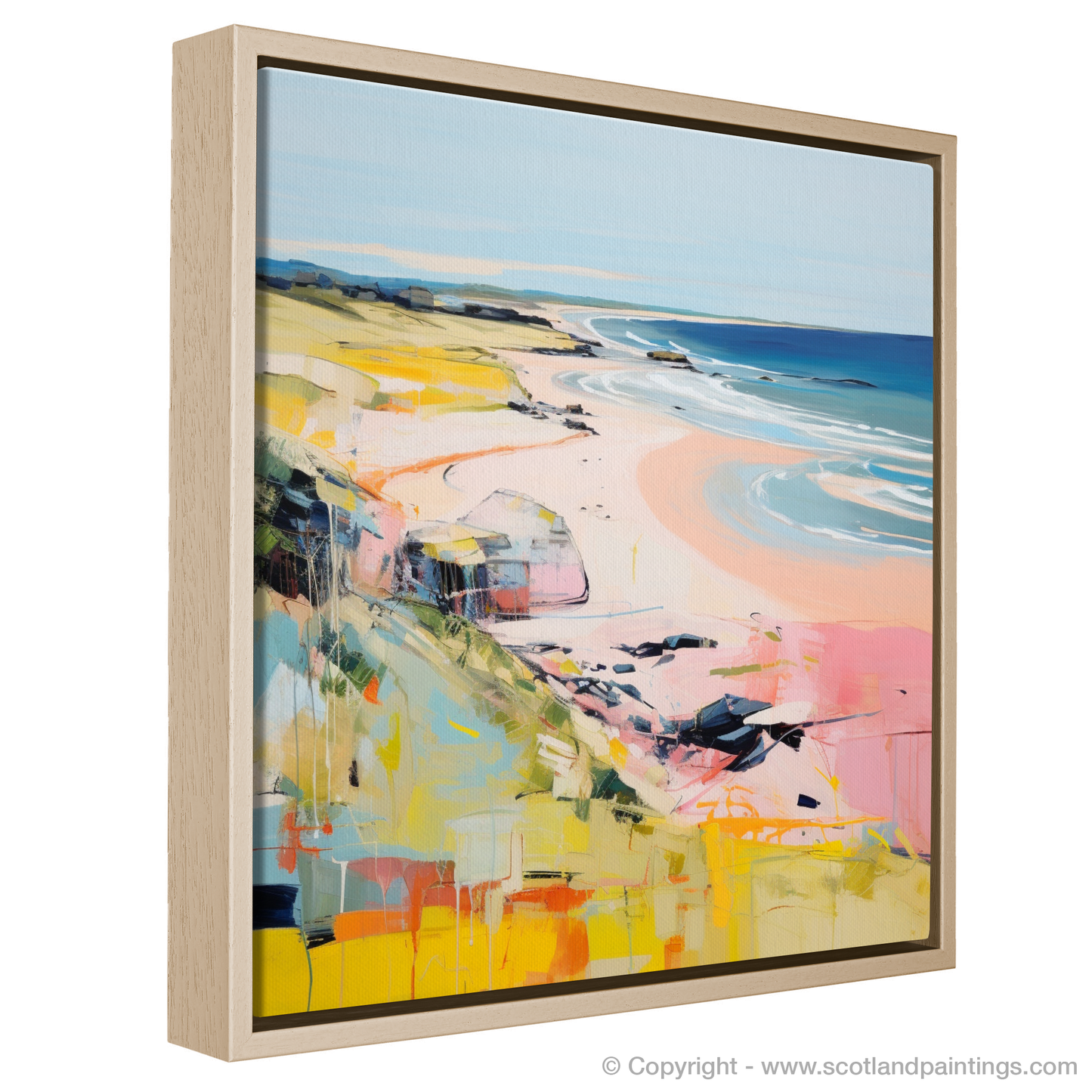 Painting and Art Print of St Cyrus Beach, Aberdeenshire in summer entitled "Aberdeenshire's Summer Serenade: St Cyrus Beach Reimagined".