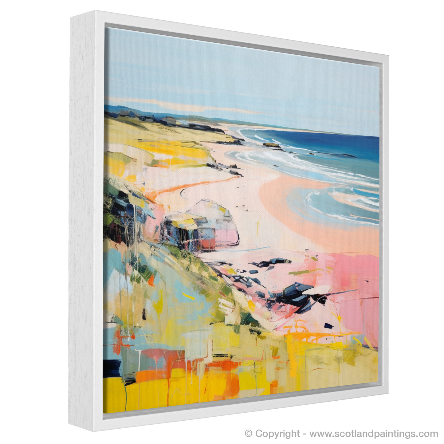 Painting and Art Print of St Cyrus Beach, Aberdeenshire in summer entitled "Aberdeenshire's Summer Serenade: St Cyrus Beach Reimagined".