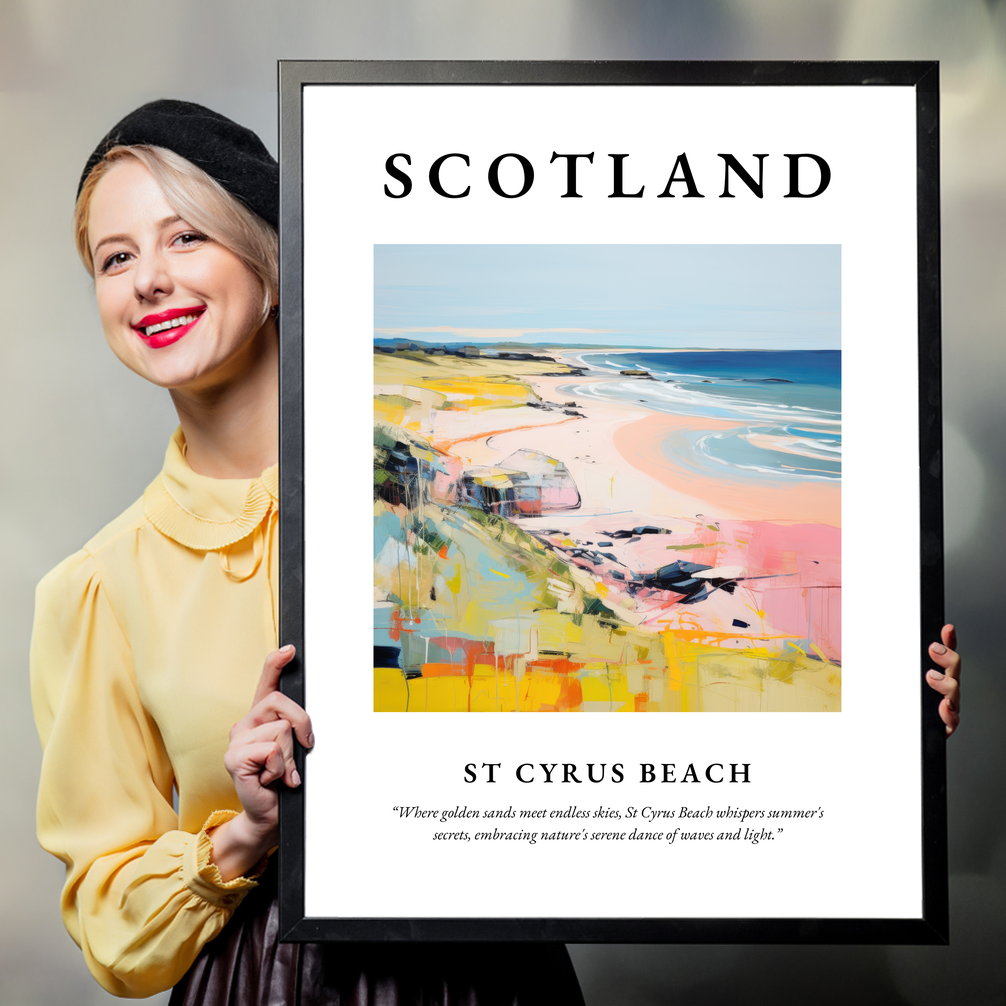 Person holding a poster of St Cyrus Beach