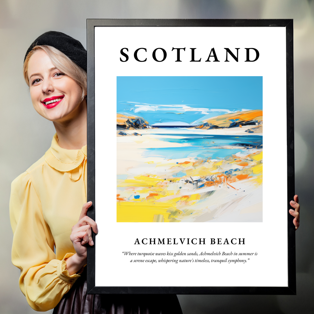 Person holding a poster of Achmelvich Beach