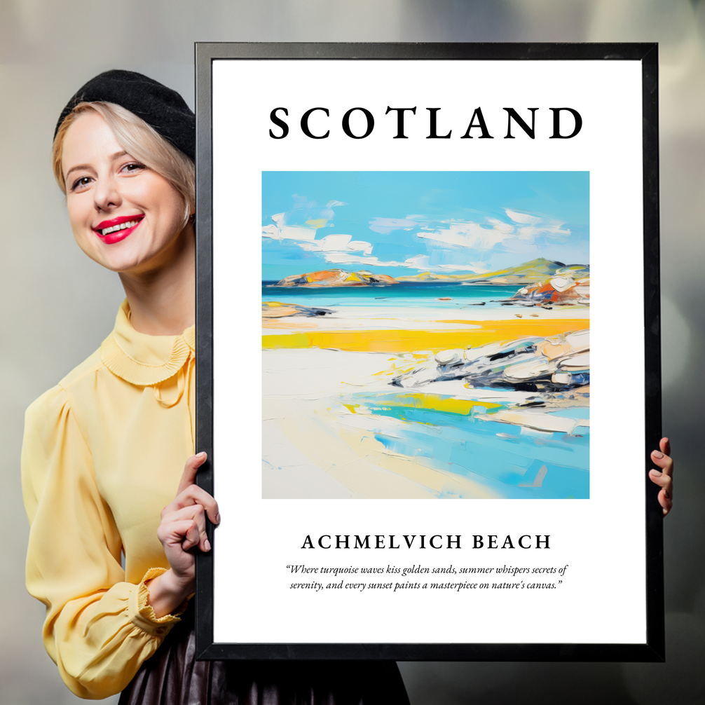 Person holding a poster of Achmelvich Beach