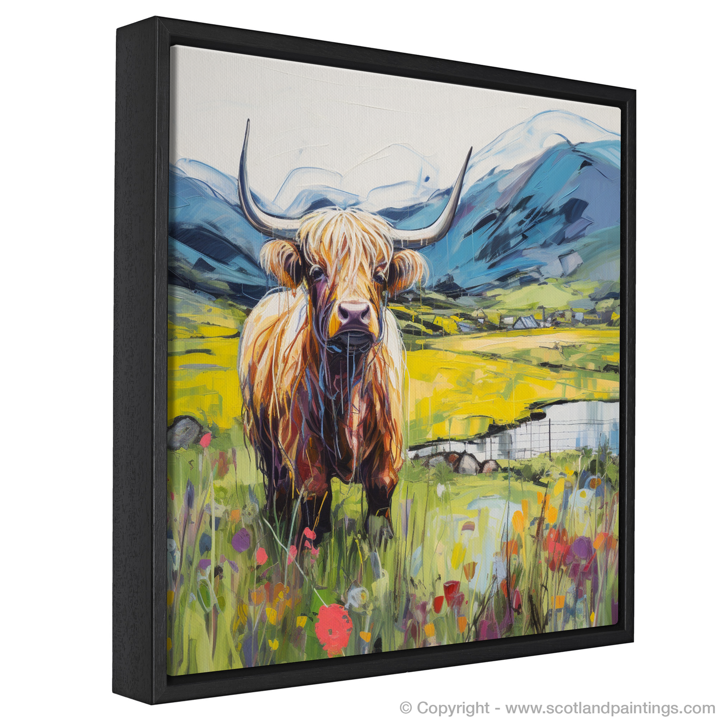 Painting and Art Print of Highland cow in Glencoe during summer. Highland Majesty: Summer in Glencoe.