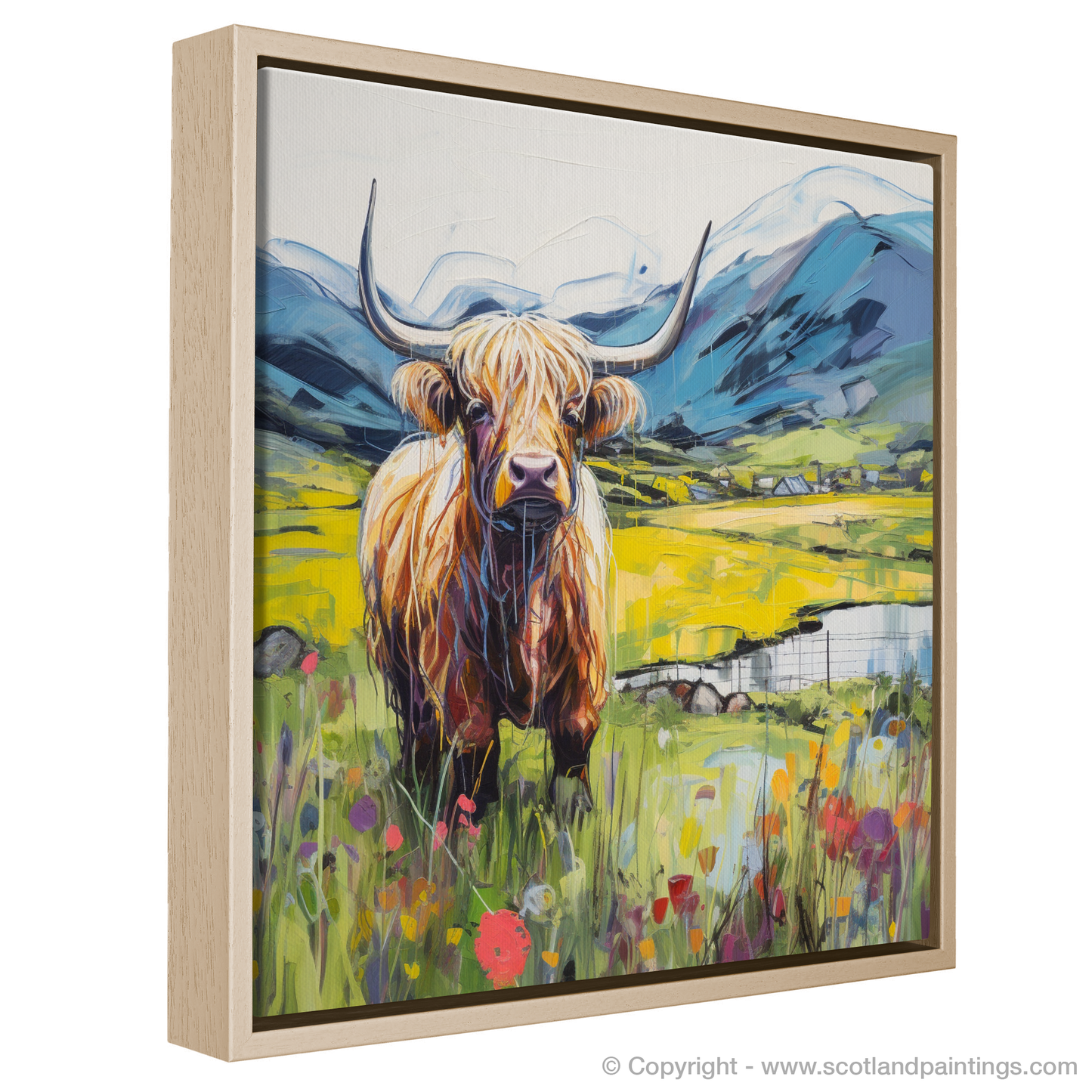 Painting and Art Print of Highland cow in Glencoe during summer. Highland Majesty: Summer in Glencoe.