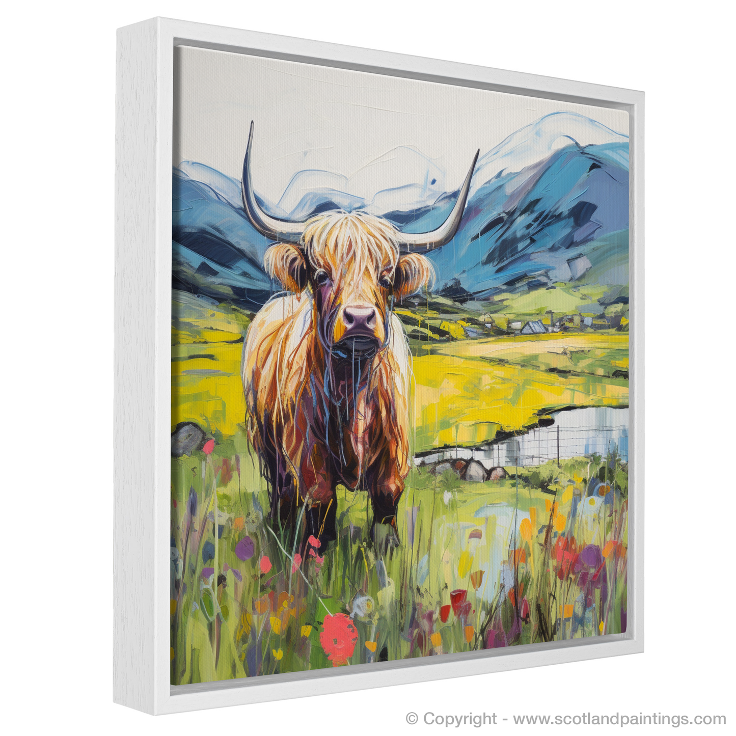 Painting and Art Print of Highland cow in Glencoe during summer. Highland Majesty: Summer in Glencoe.