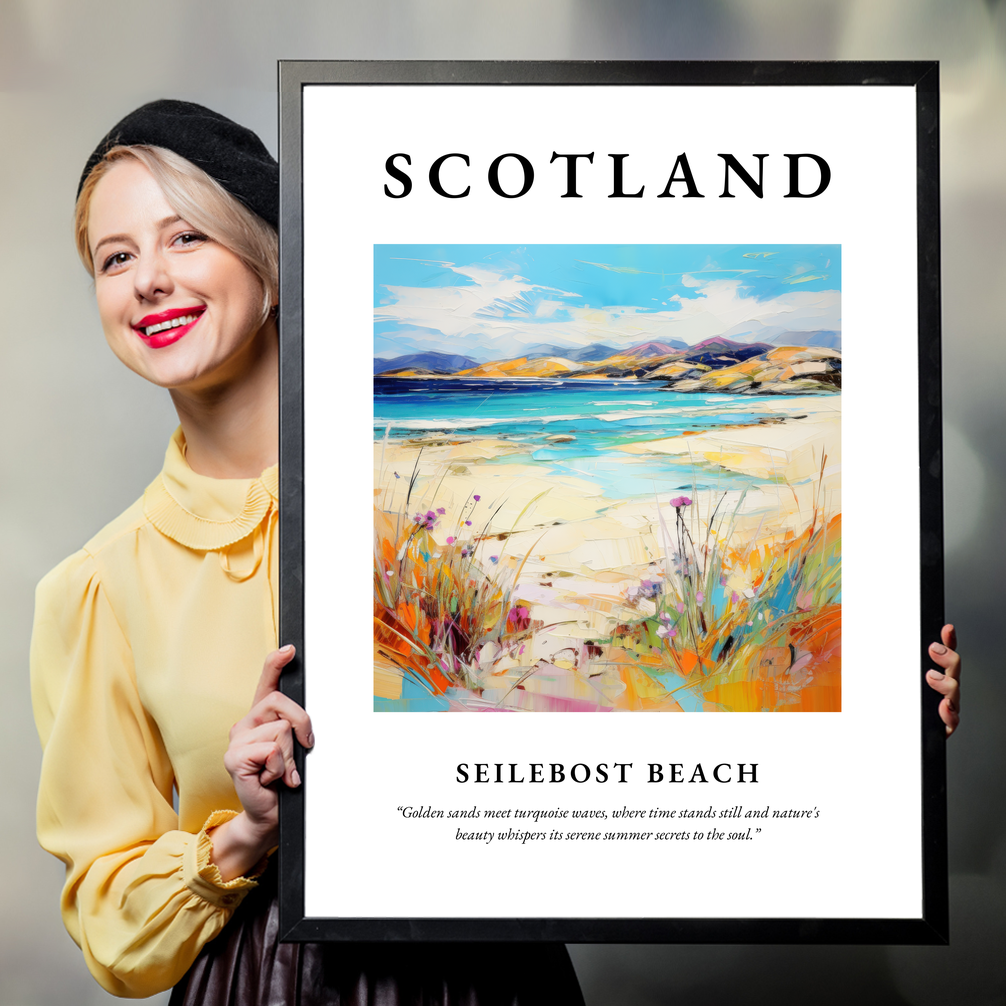 Person holding a poster of Seilebost Beach