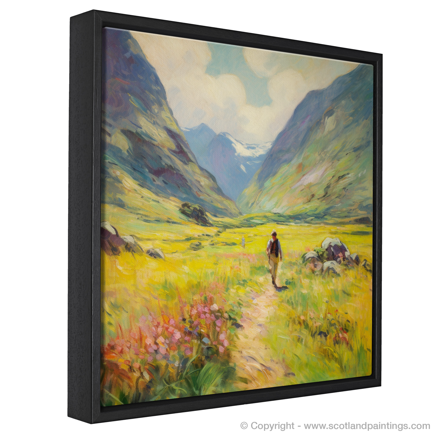 Painting and Art Print of Walkers in Glencoe during summer entitled "Summer Wanderer in Glencoe's Embrace".