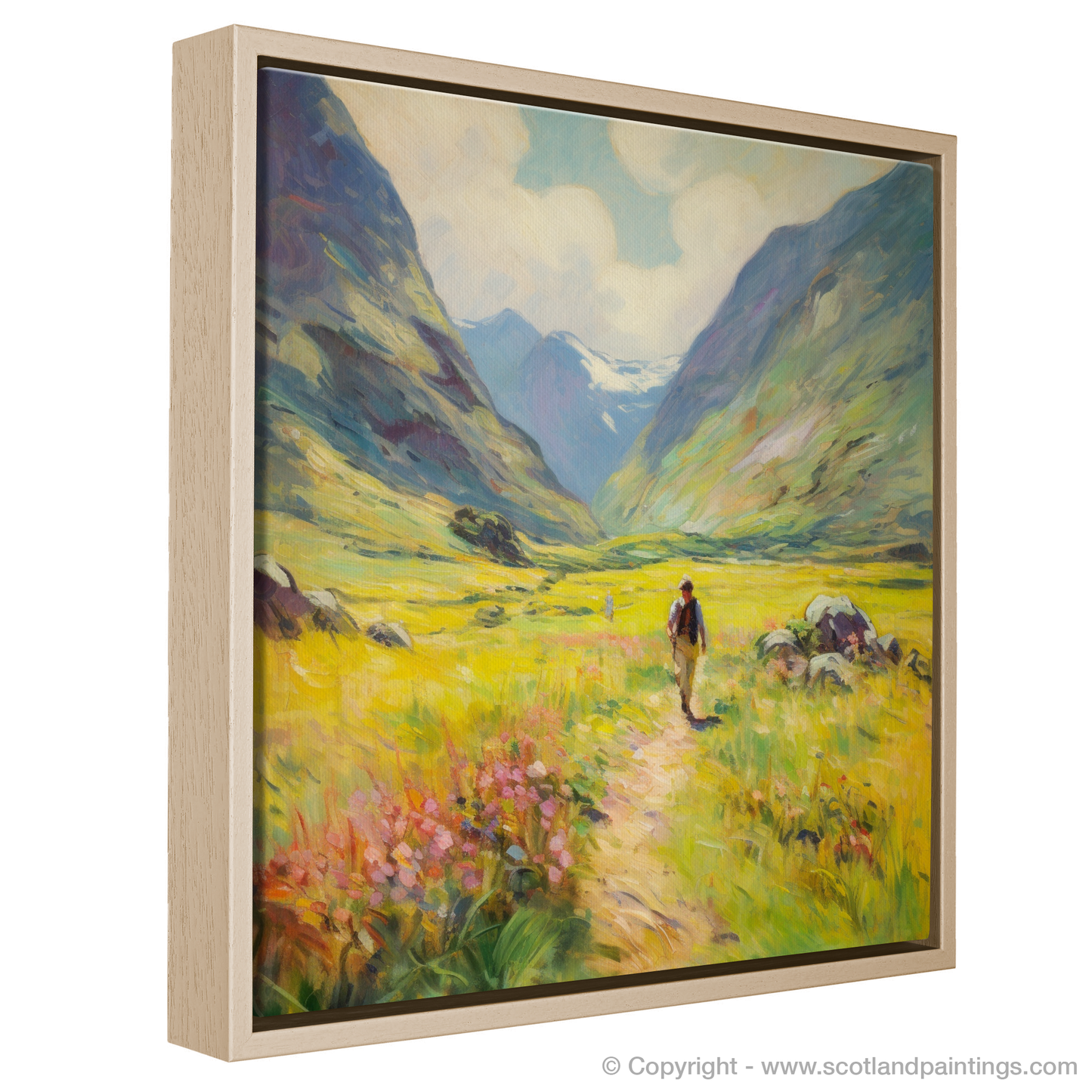 Painting and Art Print of Walkers in Glencoe during summer entitled "Summer Wanderer in Glencoe's Embrace".