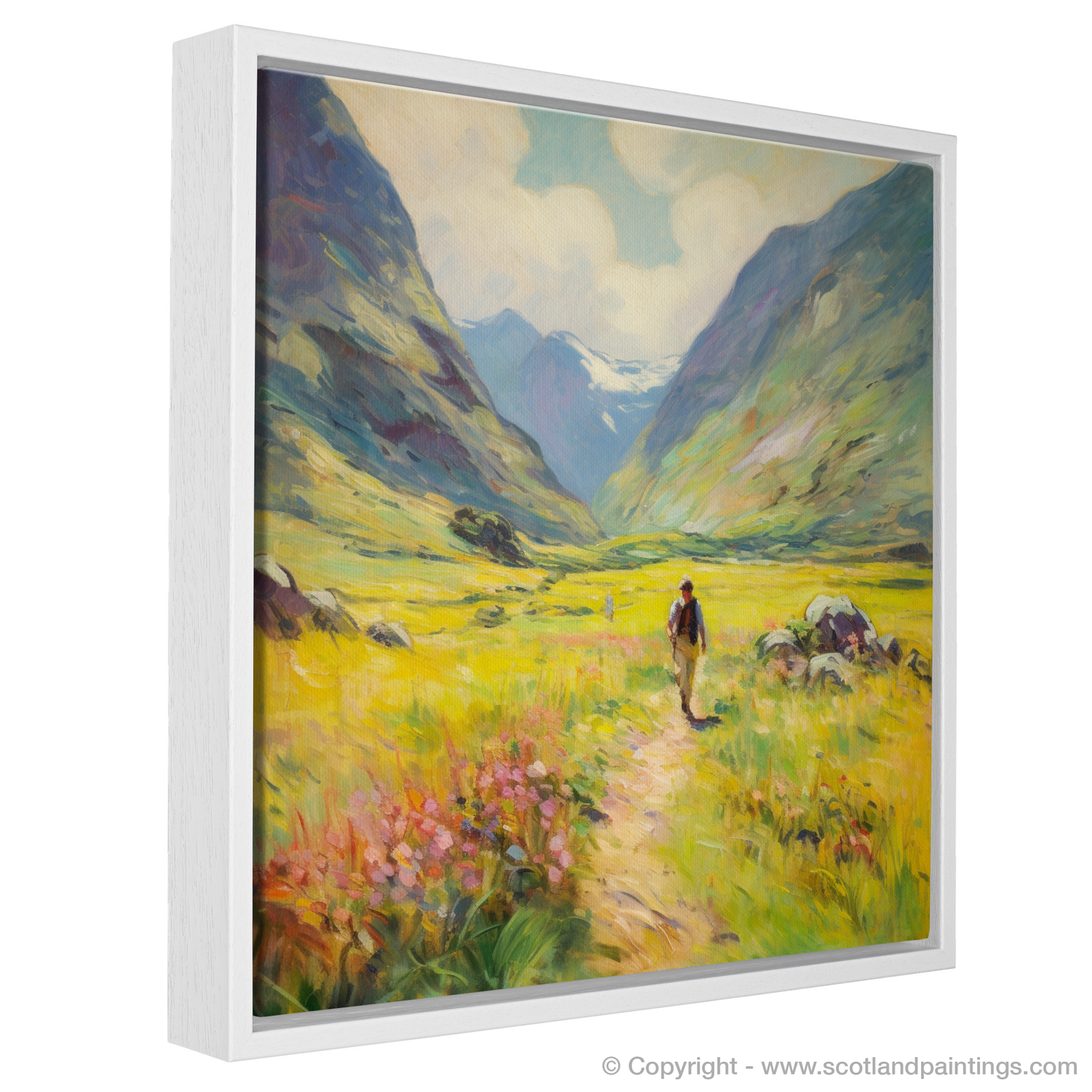 Painting and Art Print of Walkers in Glencoe during summer entitled "Summer Wanderer in Glencoe's Embrace".