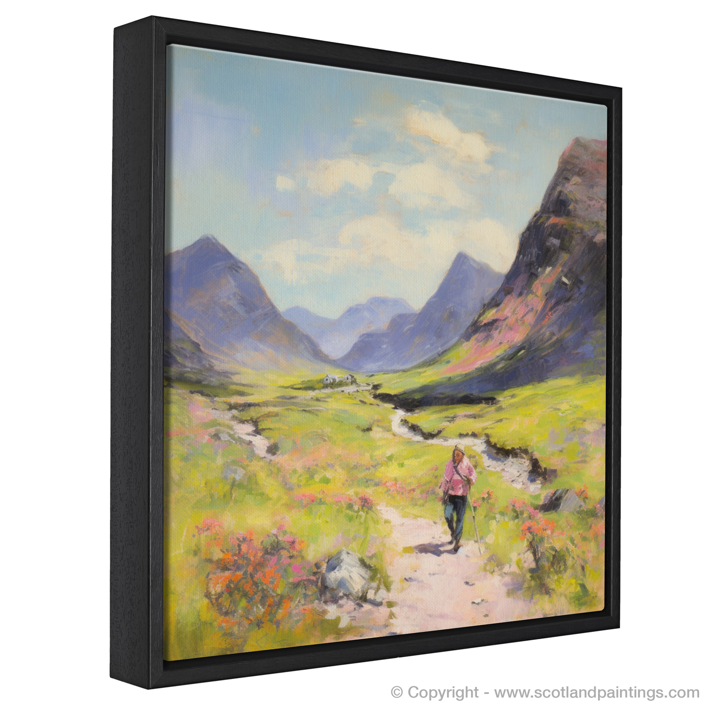 Painting and Art Print of Walkers in Glencoe during summer entitled "Highland Wanderer in Summer's Embrace".