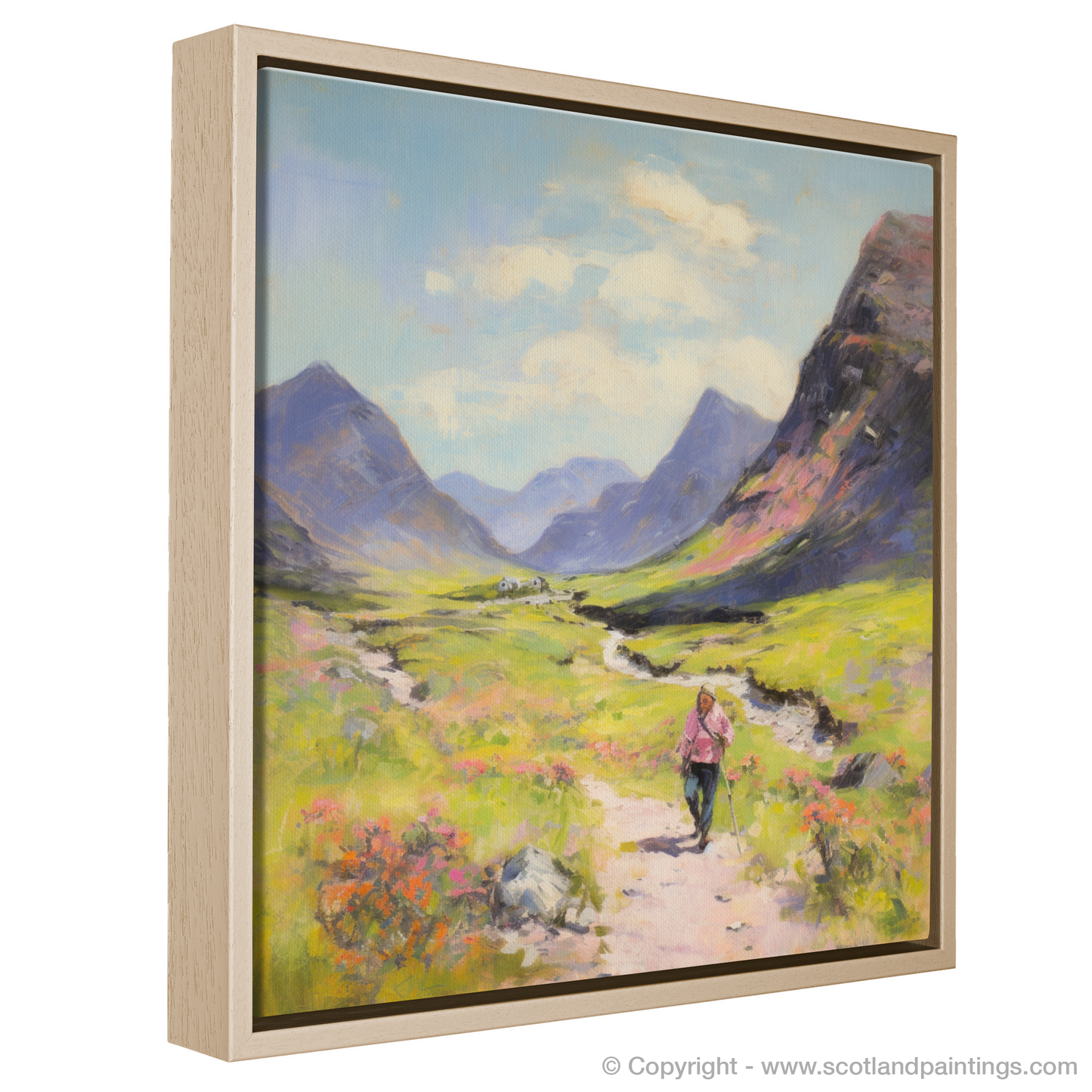 Painting and Art Print of Walkers in Glencoe during summer entitled "Highland Wanderer in Summer's Embrace".