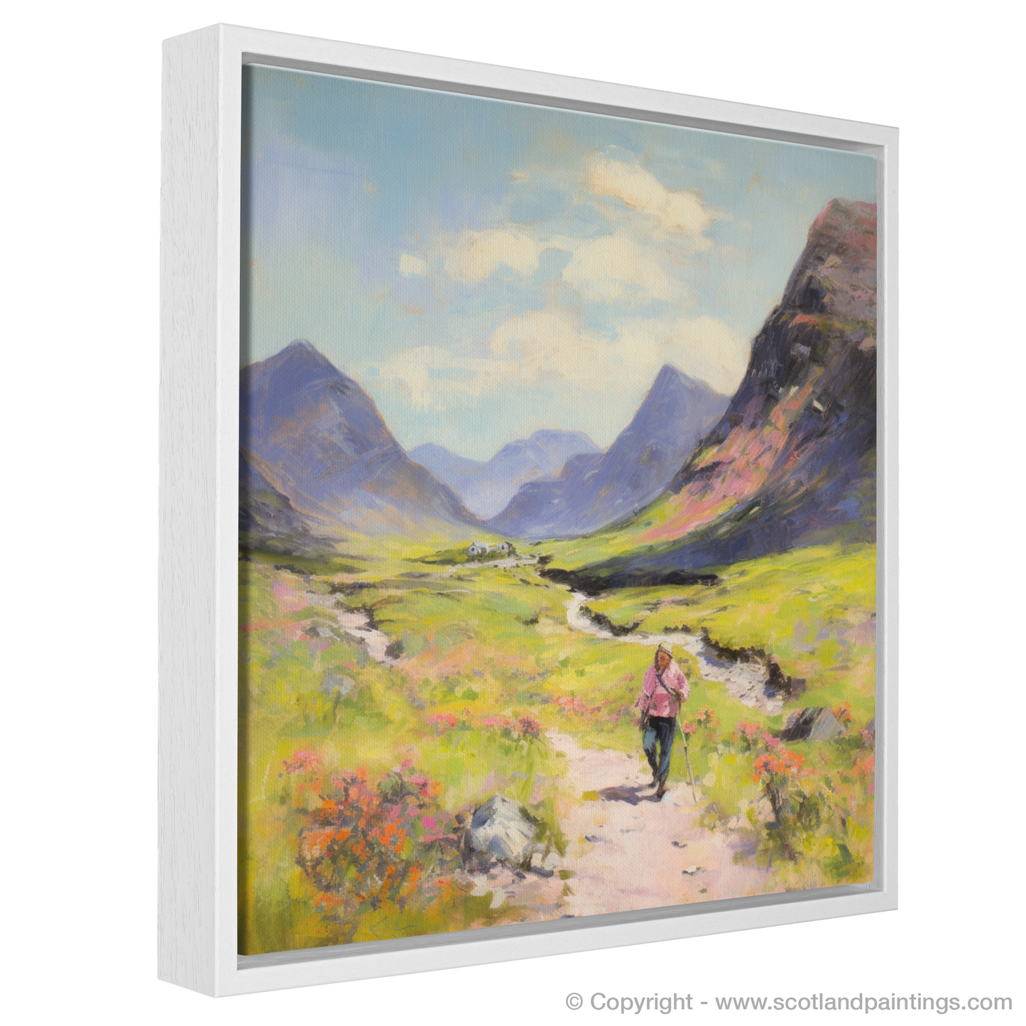 Painting and Art Print of Walkers in Glencoe during summer entitled "Highland Wanderer in Summer's Embrace".