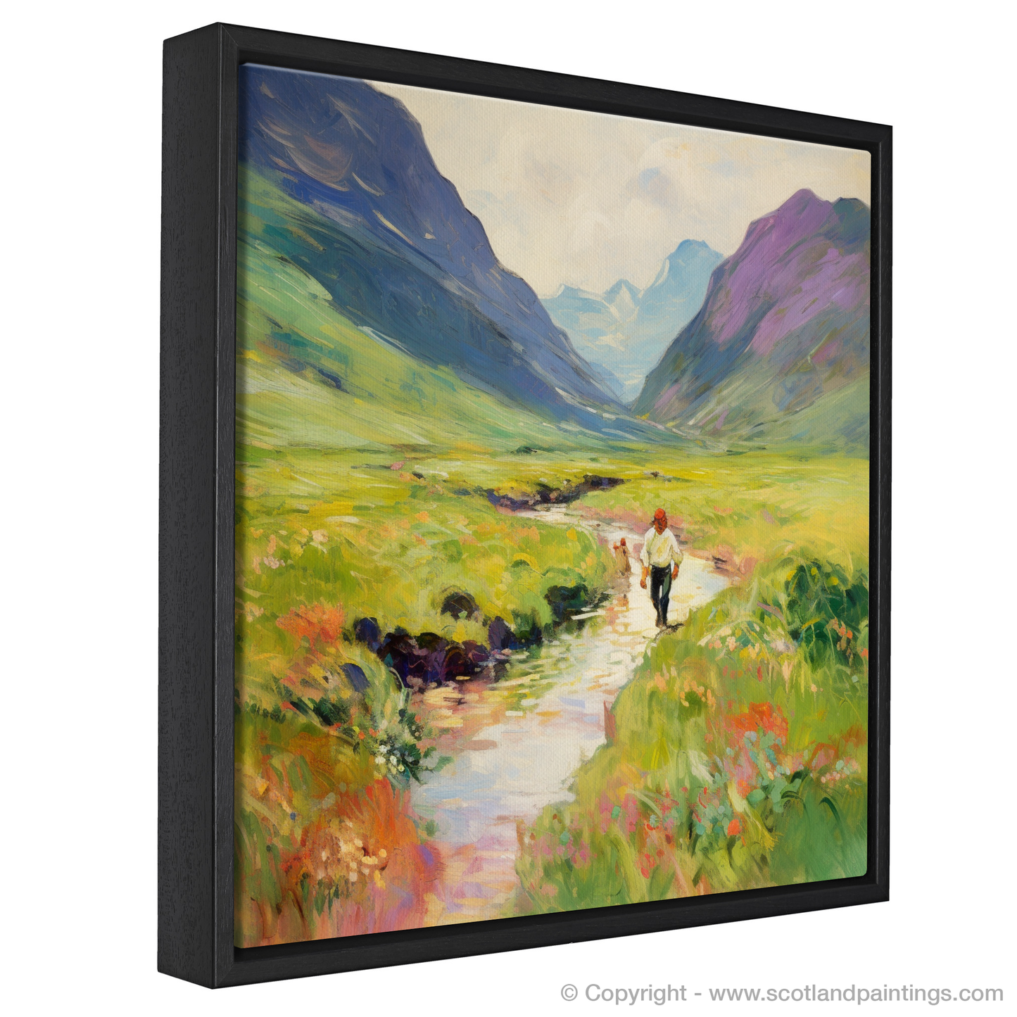 Painting and Art Print of Walkers in Glencoe during summer entitled "Summer Wanderlust in Glencoe Highlands".