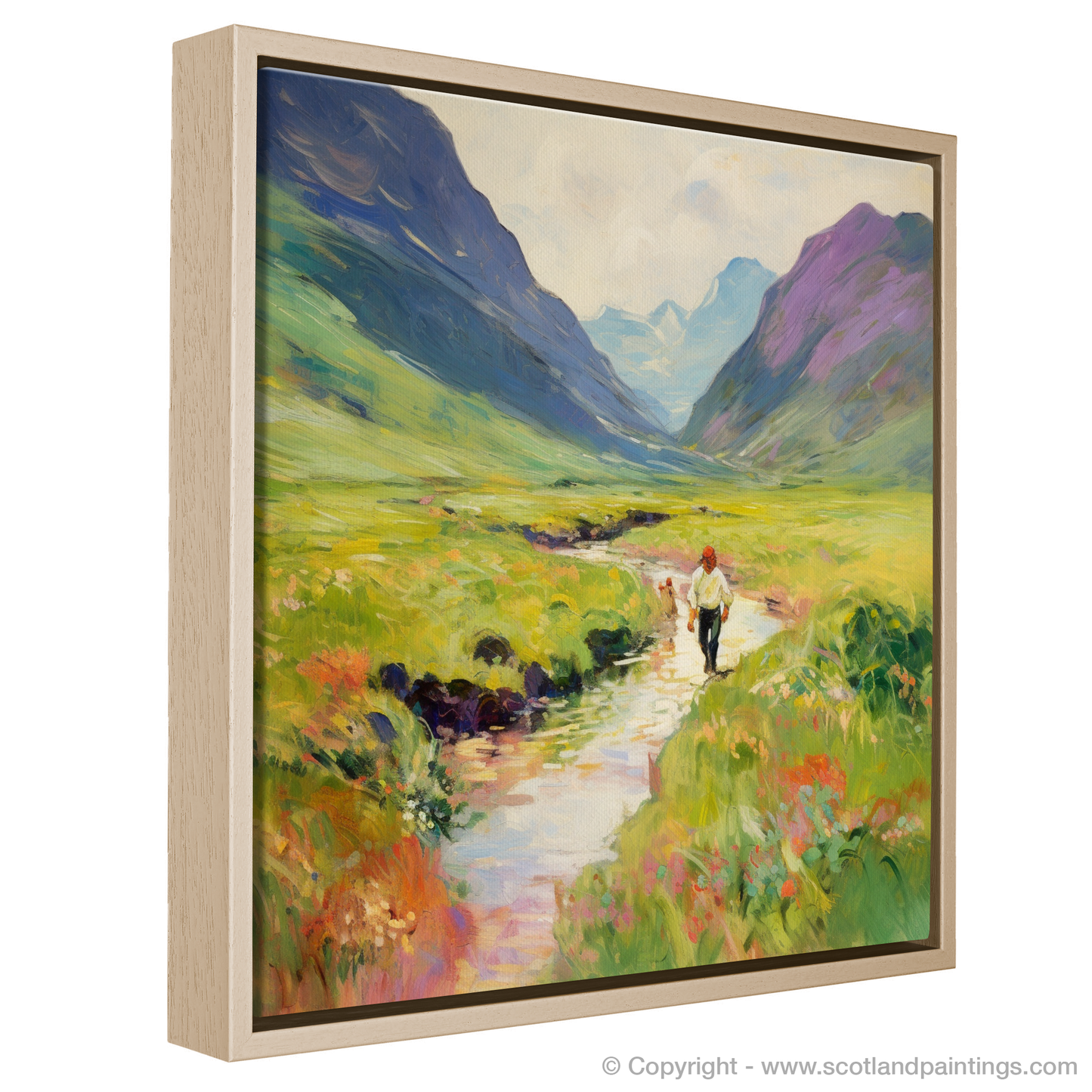 Painting and Art Print of Walkers in Glencoe during summer entitled "Summer Wanderlust in Glencoe Highlands".