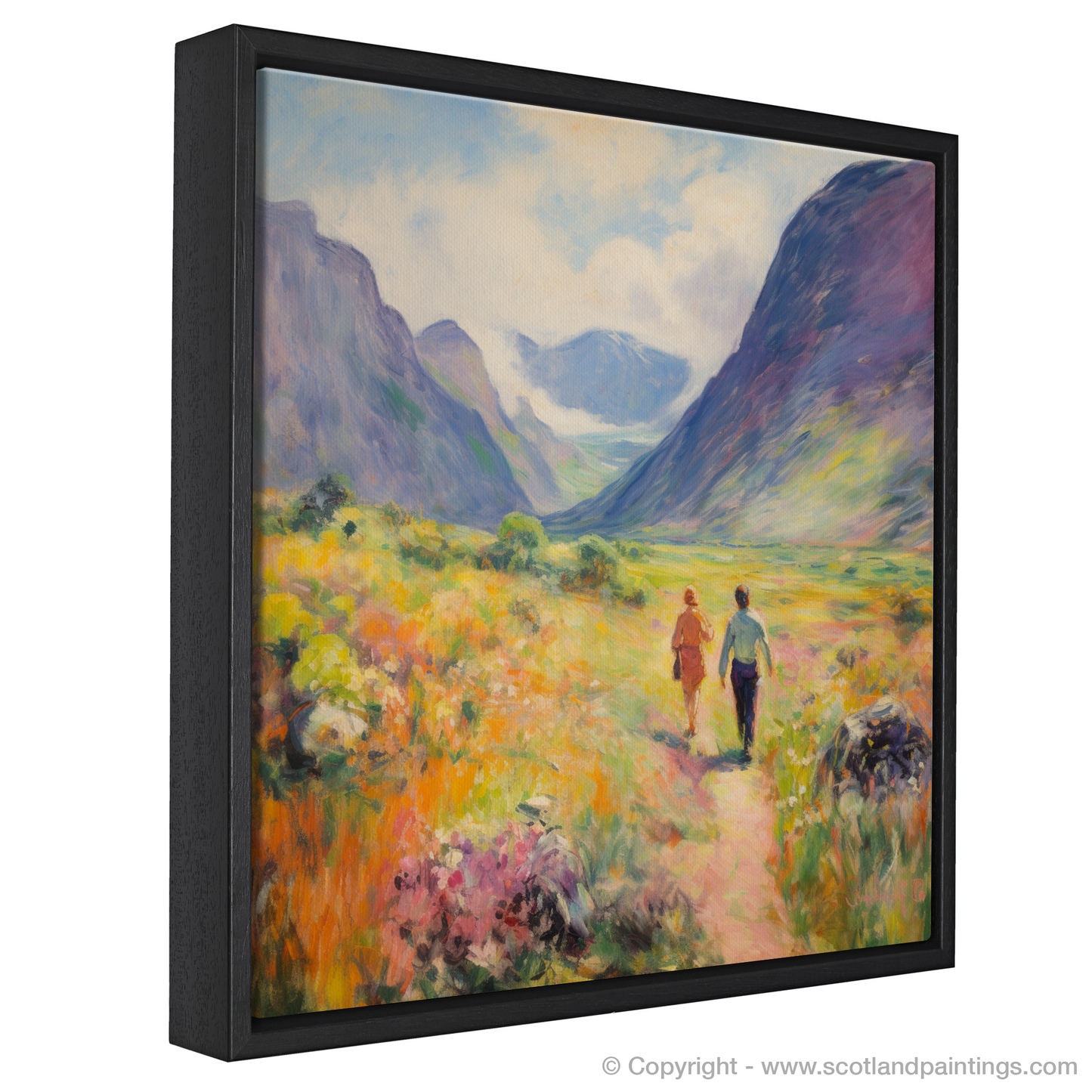 Painting and Art Print of Walkers in Glencoe during summer entitled "Summer Stroll through the Glens of Glencoe".