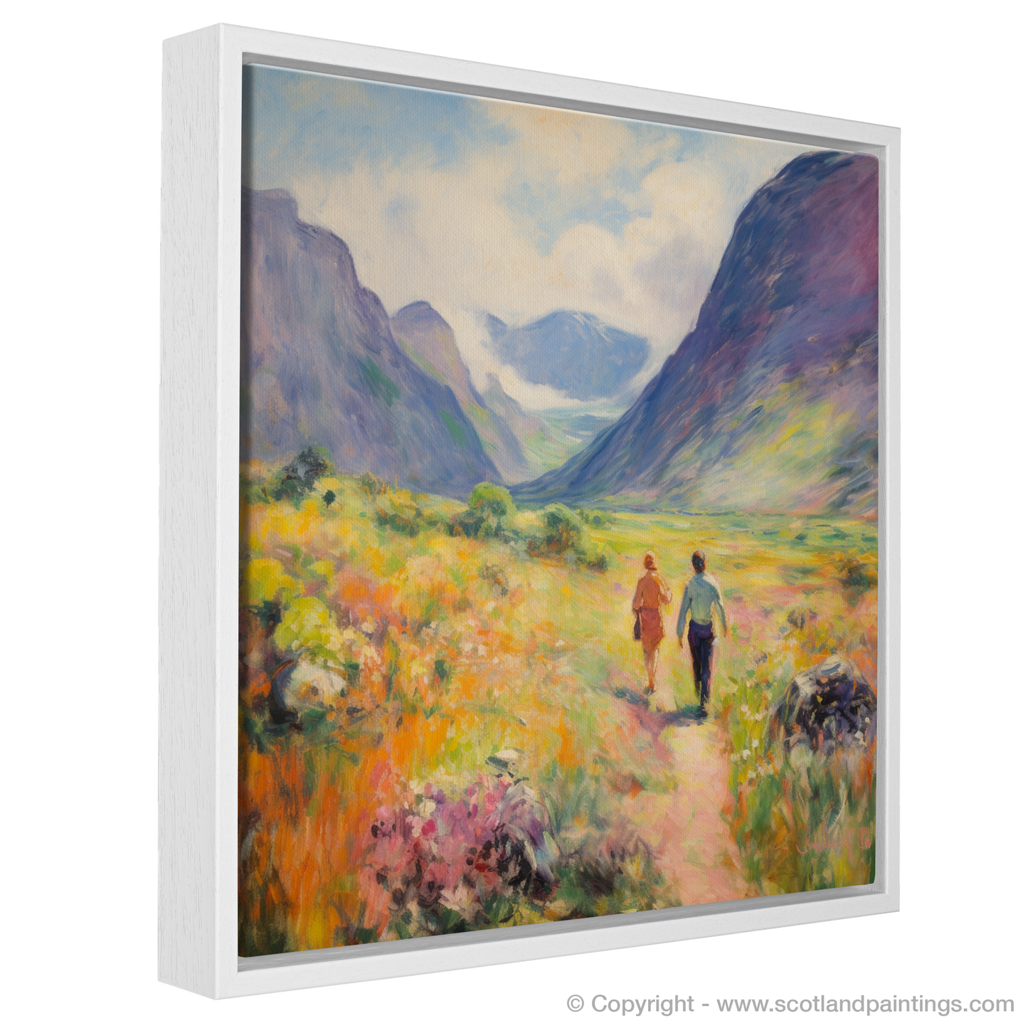 Painting and Art Print of Walkers in Glencoe during summer entitled "Summer Stroll through the Glens of Glencoe".