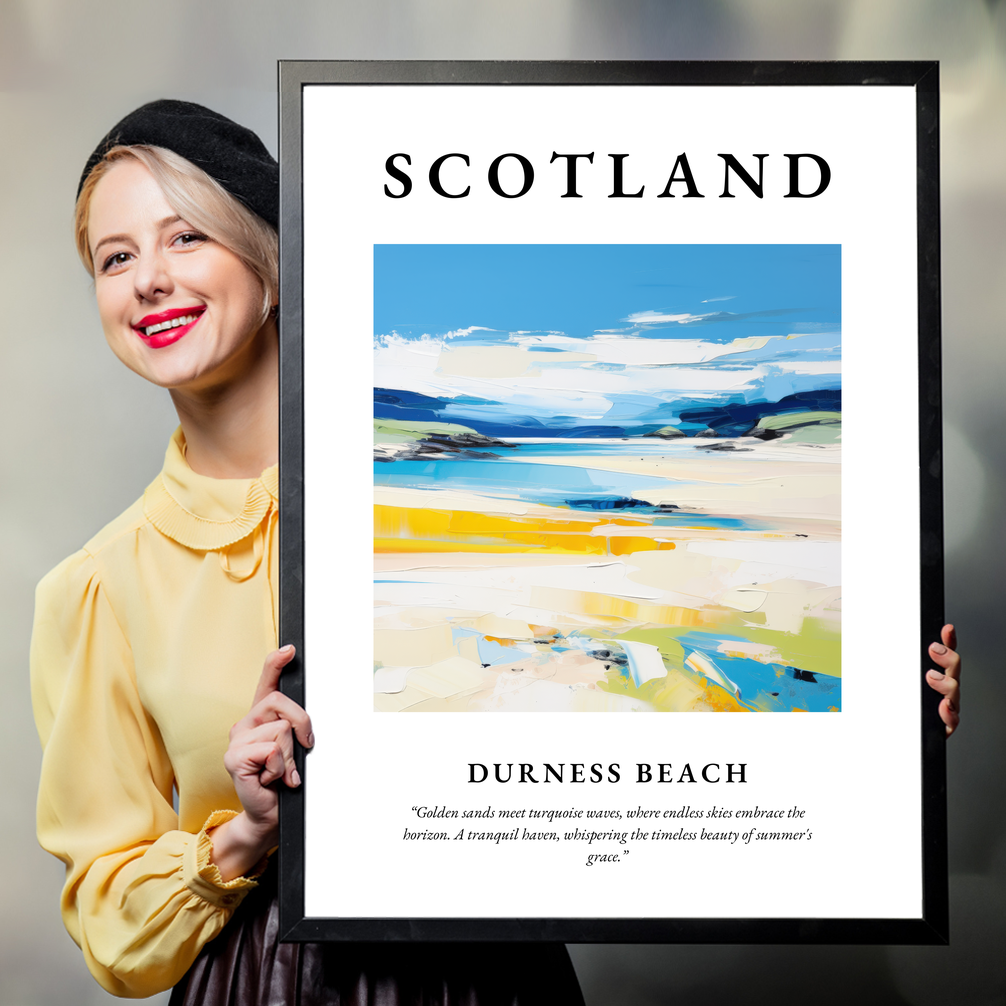 Person holding a poster of Durness Beach