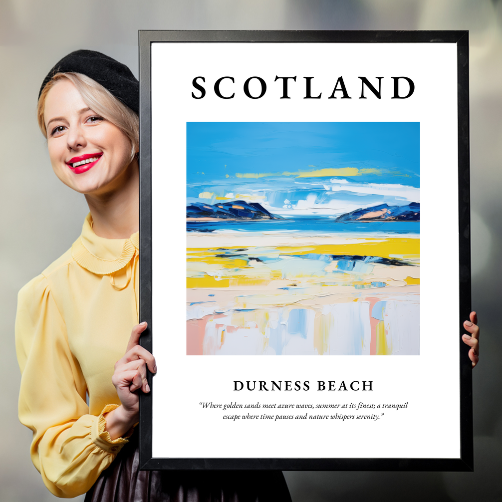 Person holding a poster of Durness Beach