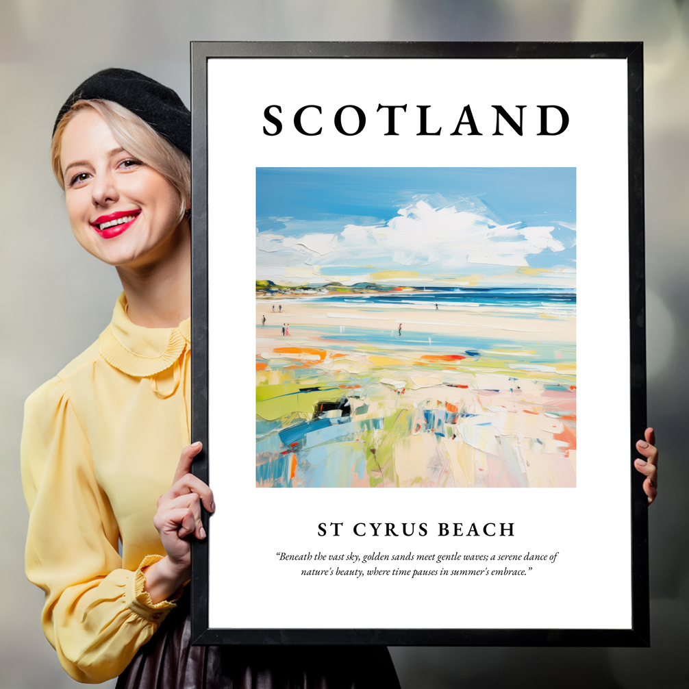 Person holding a poster of St Cyrus Beach