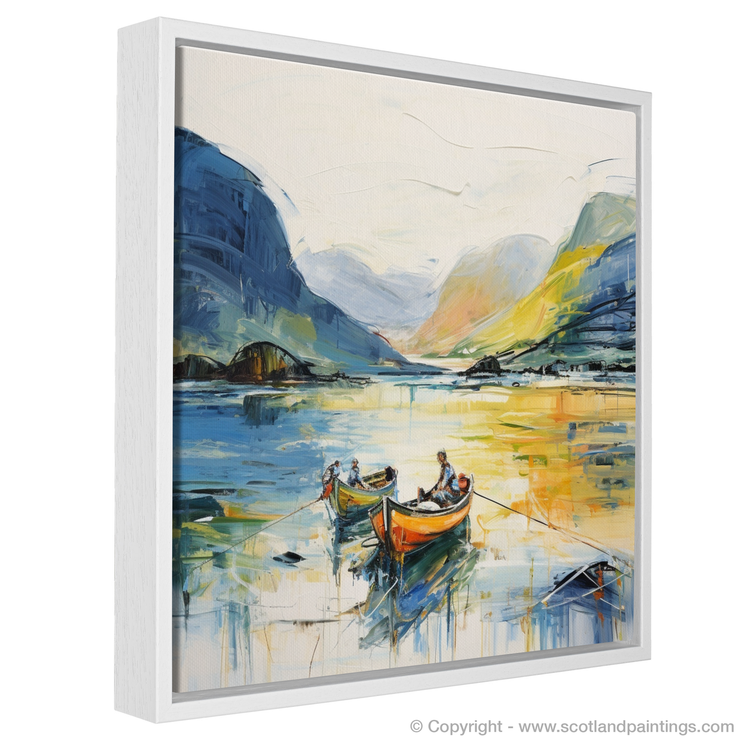 Painting and Art Print of Fishermen in Glencoe during summer entitled "Serene Summer Splendour in Glencoe".