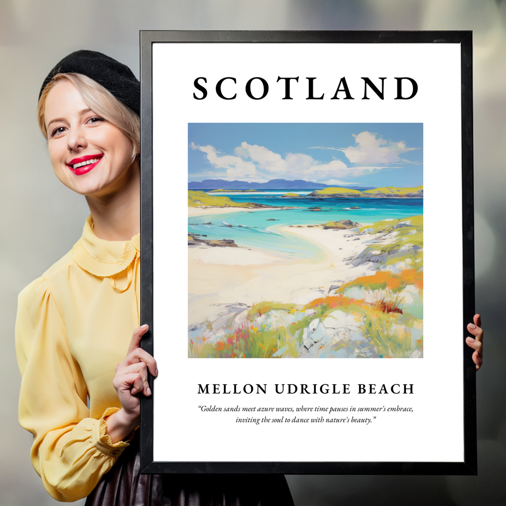 Person holding a poster of Mellon Udrigle Beach