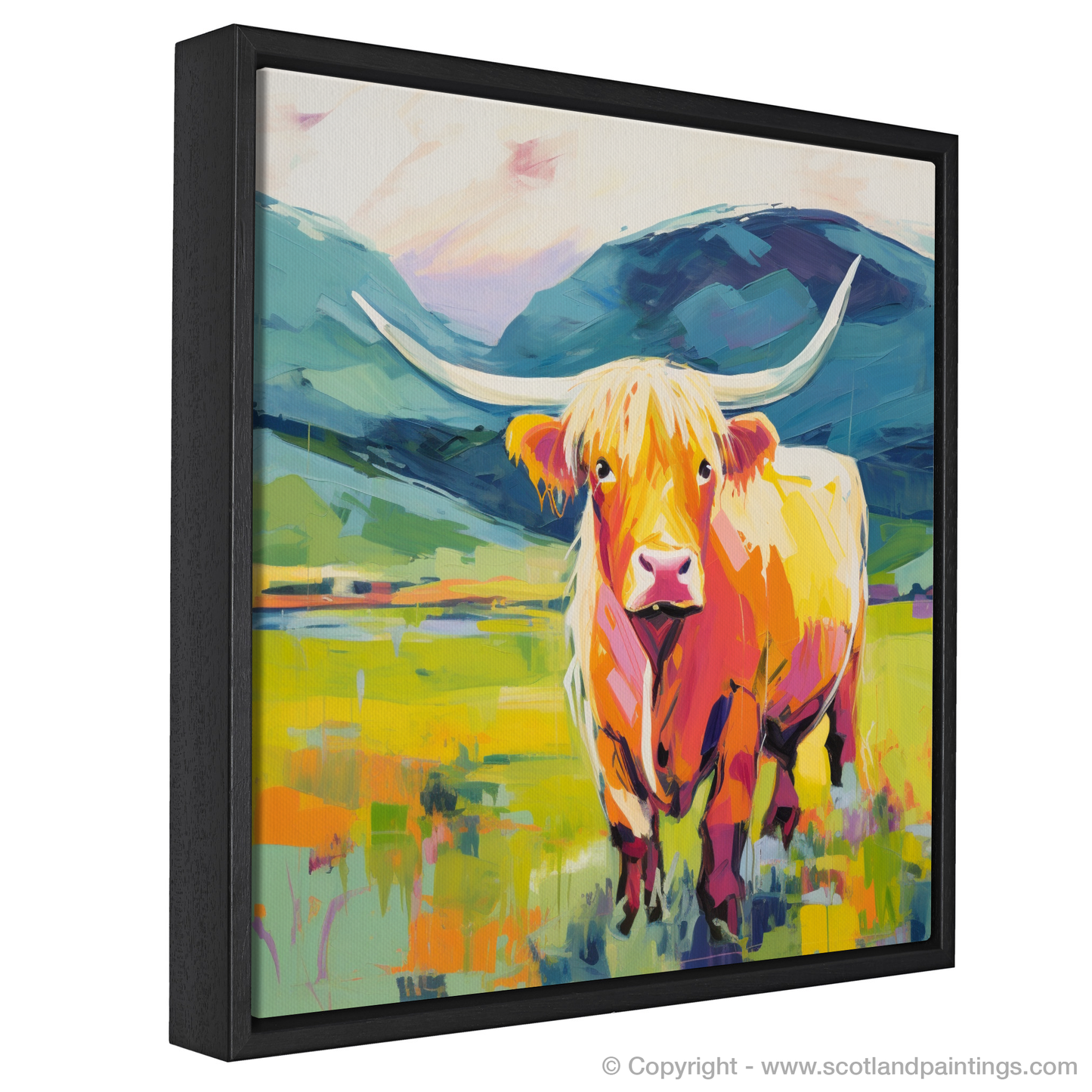 Painting and Art Print of Highland cow in Glencoe during summer entitled "Highland Majesty: Summer in Glencoe".