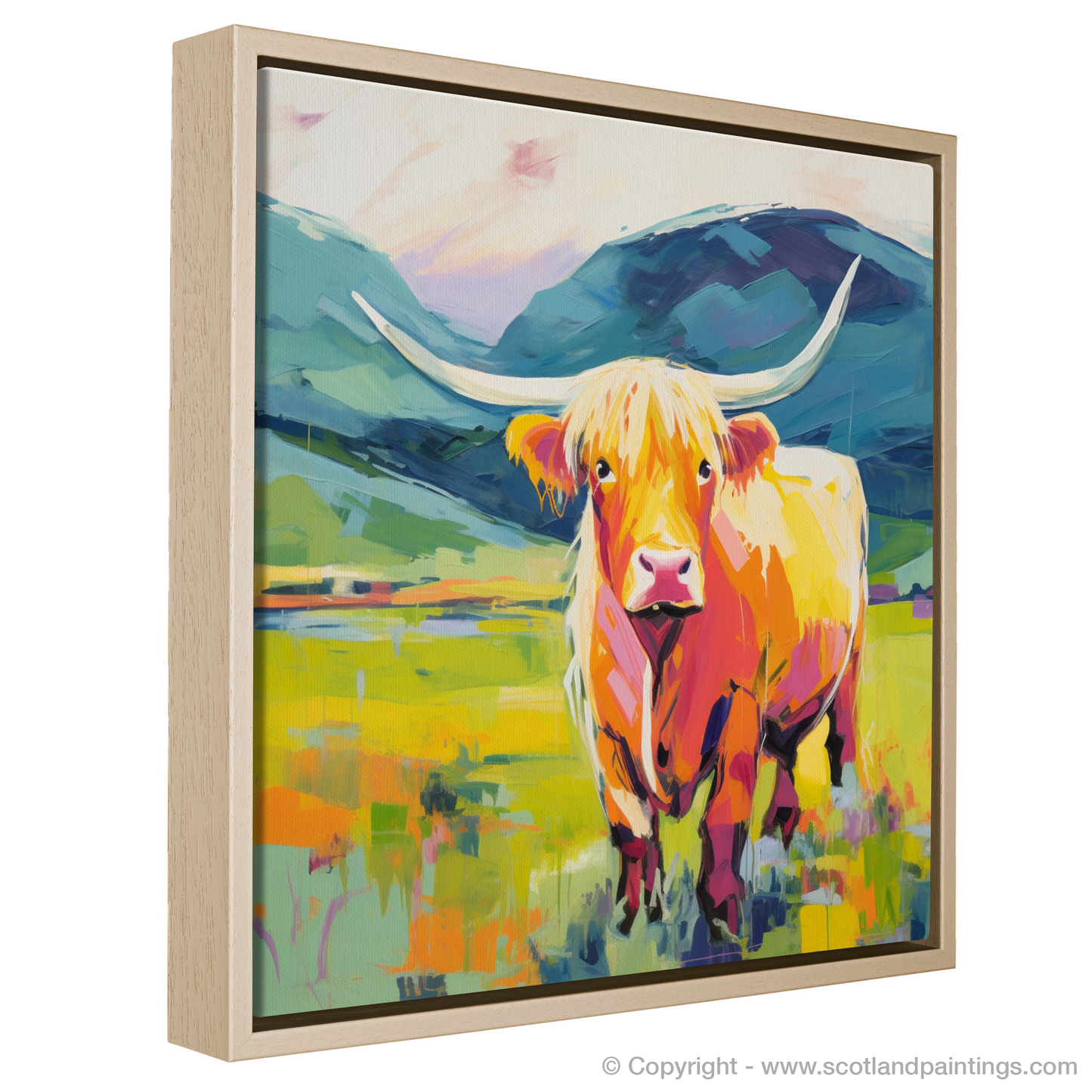 Painting and Art Print of Highland cow in Glencoe during summer entitled "Highland Majesty: Summer in Glencoe".