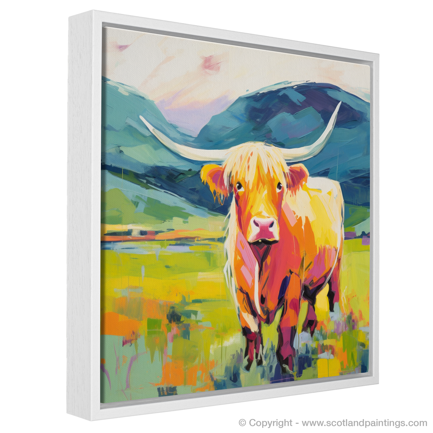 Painting and Art Print of Highland cow in Glencoe during summer entitled "Highland Majesty: Summer in Glencoe".