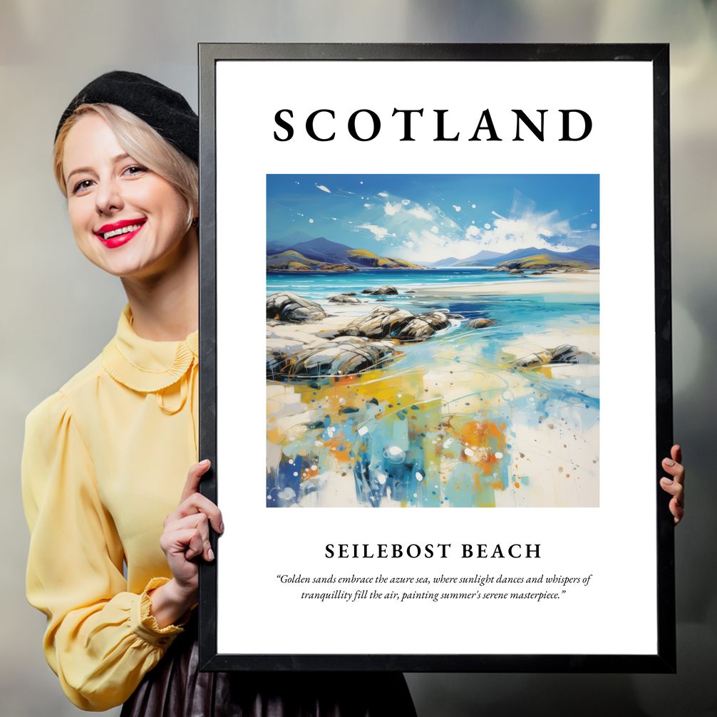 Person holding a poster of Seilebost Beach