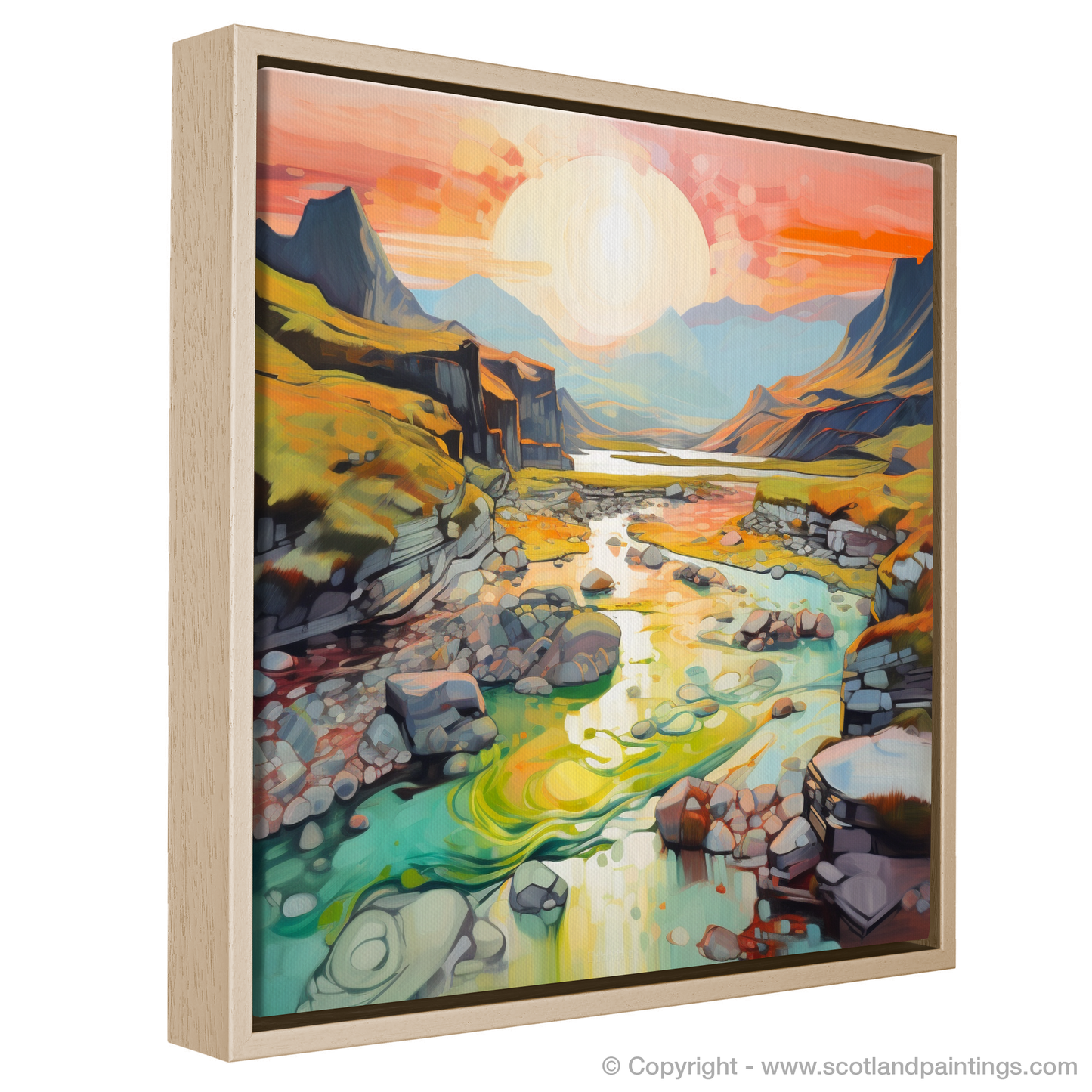 Painting and Art Print of Isle of Skye Fairy Pools at golden hour in summer entitled "Golden Hour at Skye Fairy Pools".