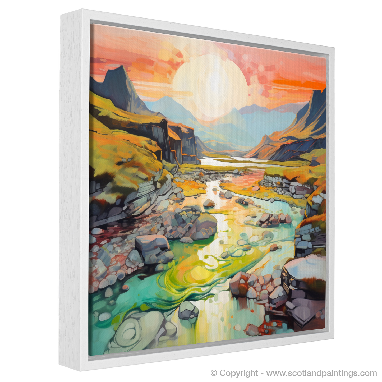 Painting and Art Print of Isle of Skye Fairy Pools at golden hour in summer entitled "Golden Hour at Skye Fairy Pools".