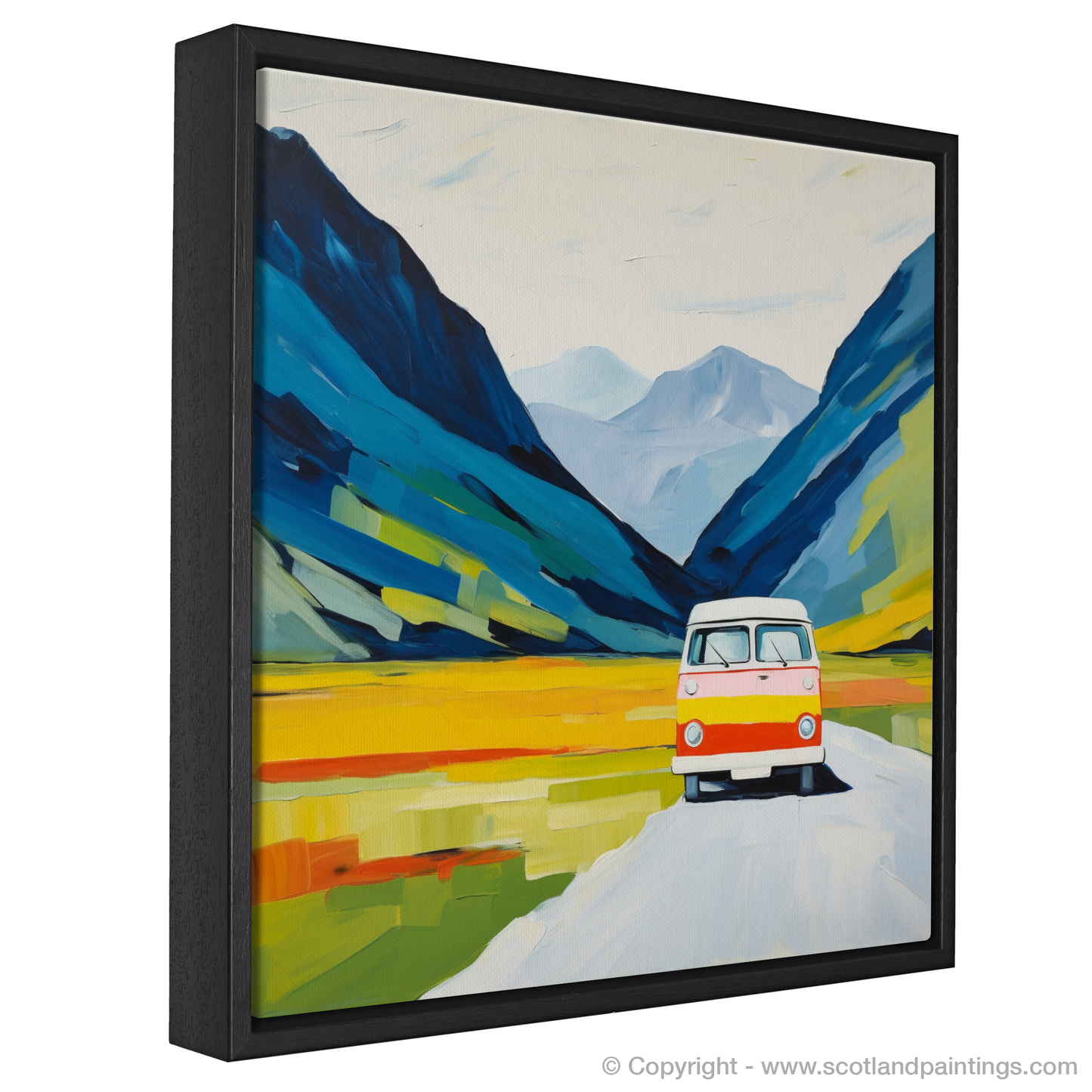 Painting and Art Print of Campervan in Glencoe during summer entitled "Summer Adventure in Glencoe: An Abstract Campervan Escape".
