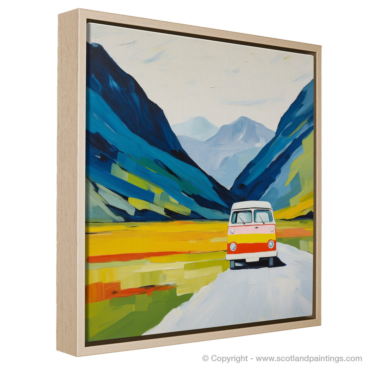 Painting and Art Print of Campervan in Glencoe during summer entitled "Summer Adventure in Glencoe: An Abstract Campervan Escape".