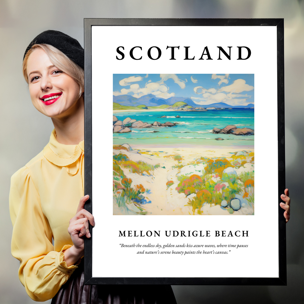 Person holding a poster of Mellon Udrigle Beach