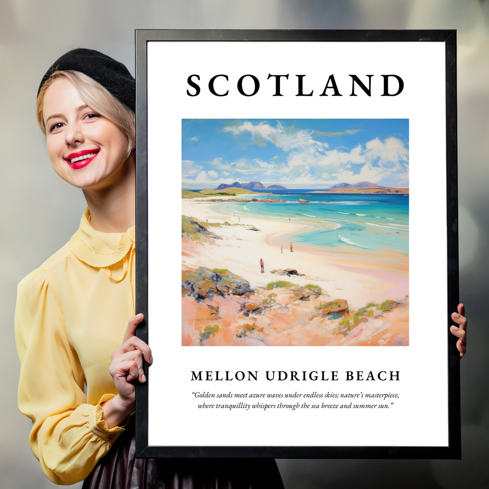 Person holding a poster of Mellon Udrigle Beach