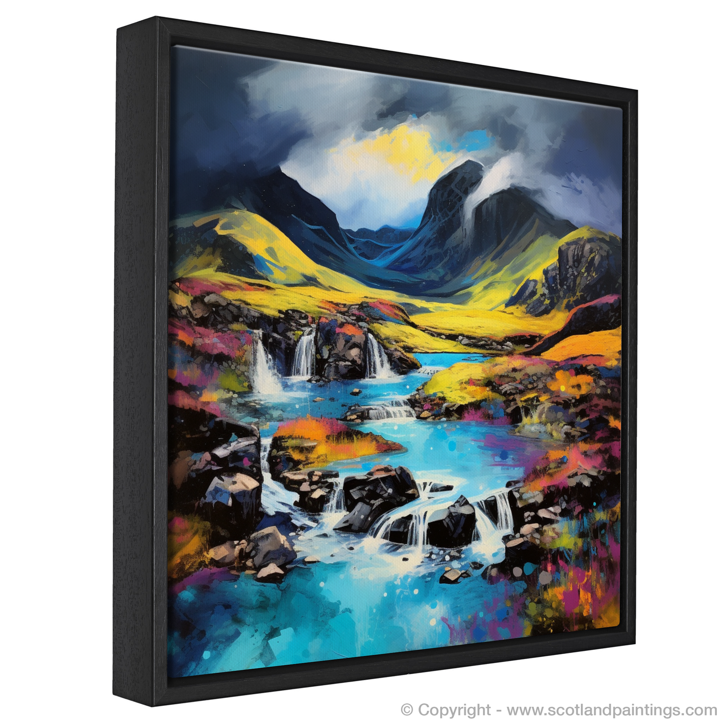 Painting and Art Print of Isle of Skye Fairy Pools with a stormy sky in summer entitled "Summer Tempest Over the Skye Fairy Pools".