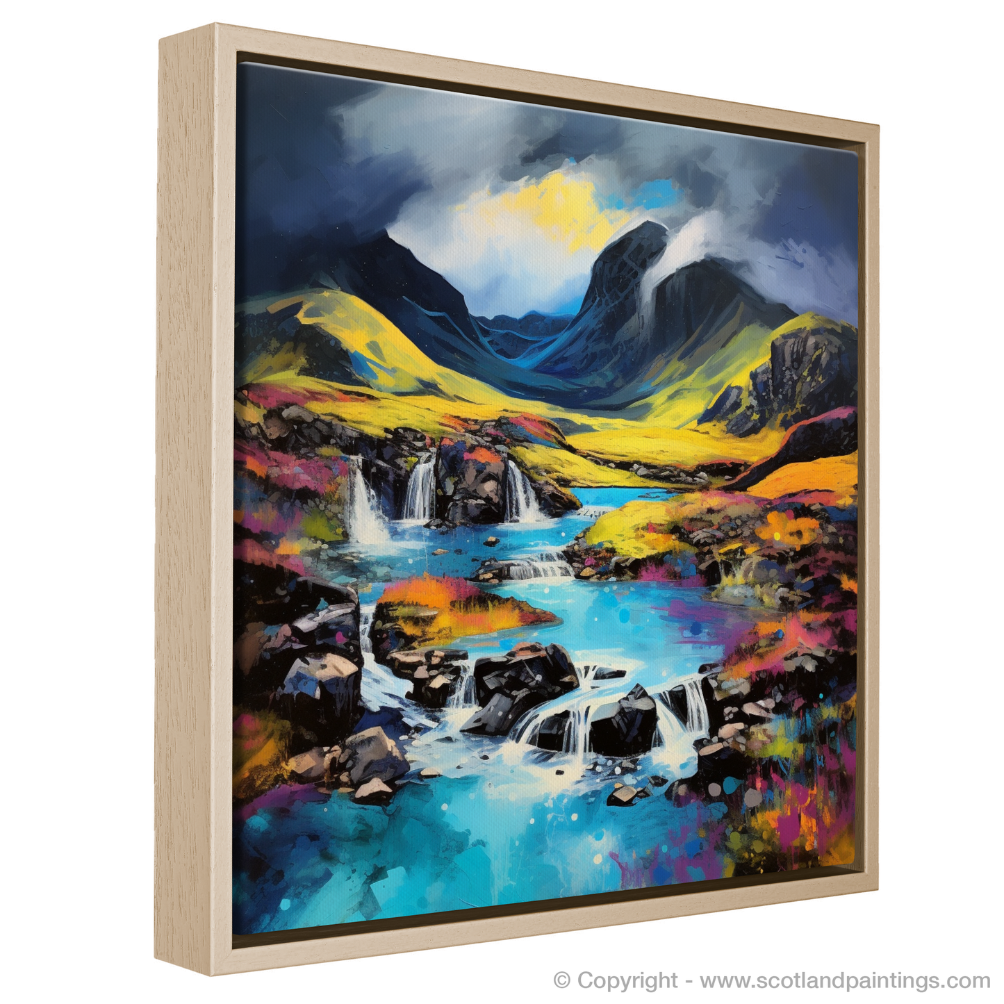 Painting and Art Print of Isle of Skye Fairy Pools with a stormy sky in summer entitled "Summer Tempest Over the Skye Fairy Pools".