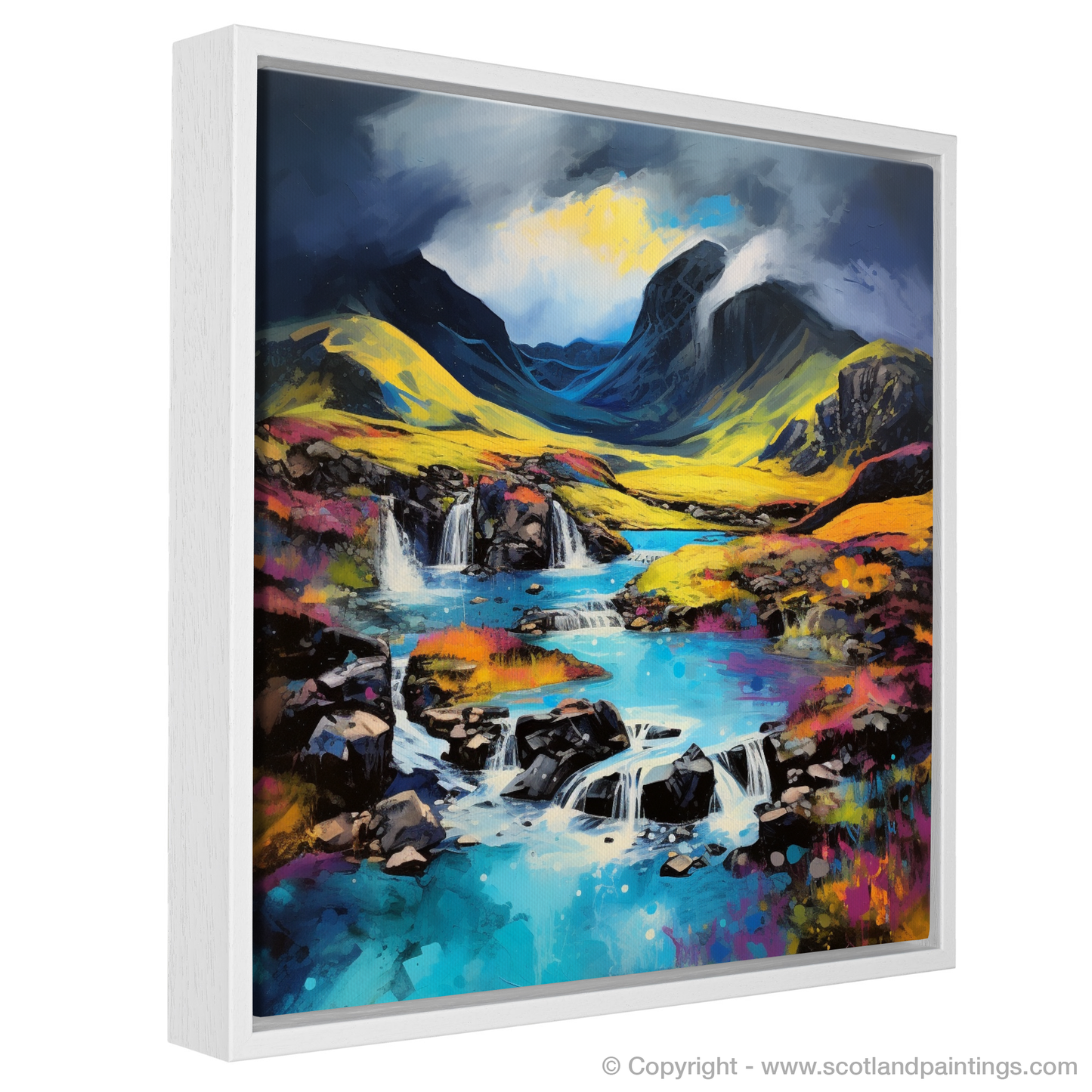 Painting and Art Print of Isle of Skye Fairy Pools with a stormy sky in summer entitled "Summer Tempest Over the Skye Fairy Pools".