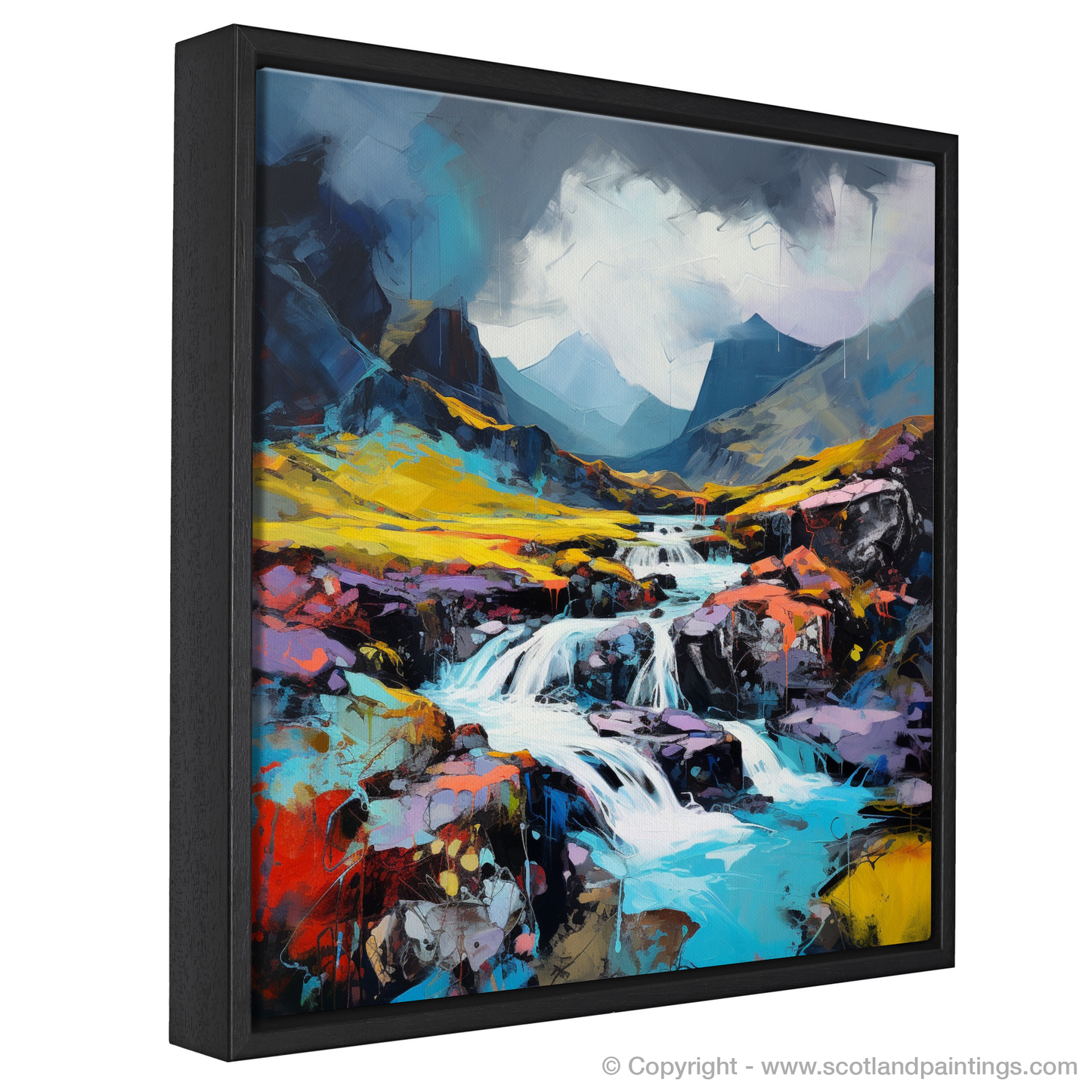 Painting and Art Print of Isle of Skye Fairy Pools with a stormy sky in summer entitled "Isle of Skye Fairy Pools: Summer Storms and Highland Splendour".