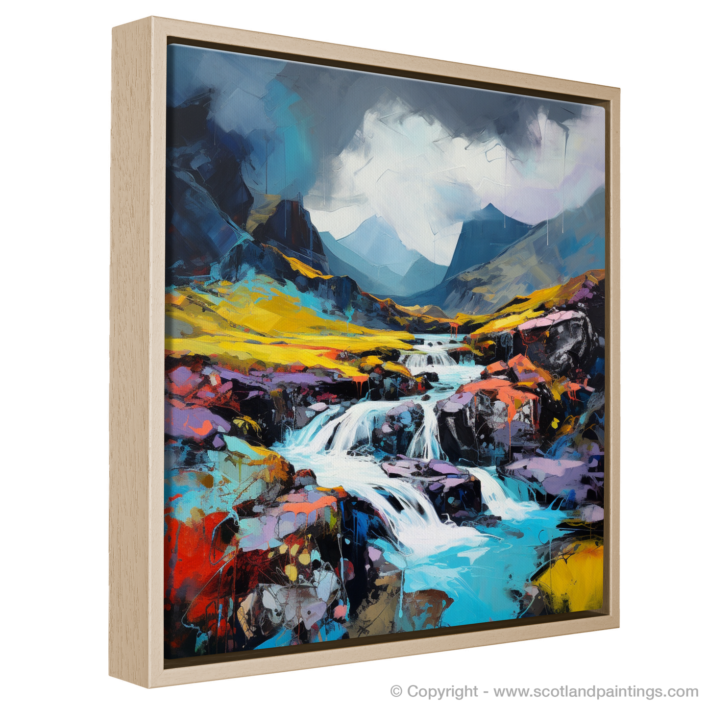 Painting and Art Print of Isle of Skye Fairy Pools with a stormy sky in summer entitled "Isle of Skye Fairy Pools: Summer Storms and Highland Splendour".