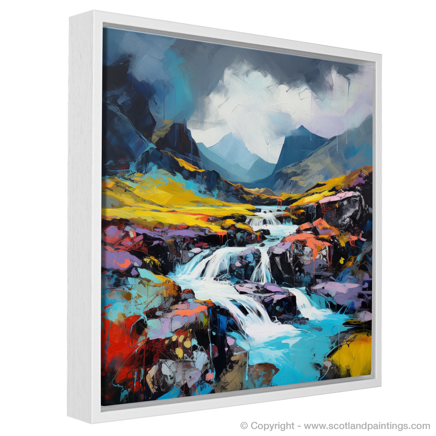 Painting and Art Print of Isle of Skye Fairy Pools with a stormy sky in summer entitled "Isle of Skye Fairy Pools: Summer Storms and Highland Splendour".