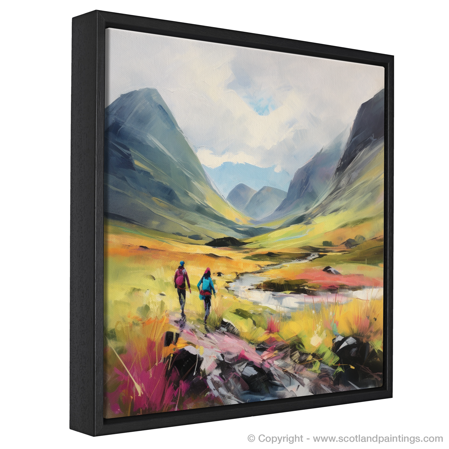 Painting and Art Print of Walkers in Glencoe during summer entitled "Summer Stride in Glencoe Highlands".