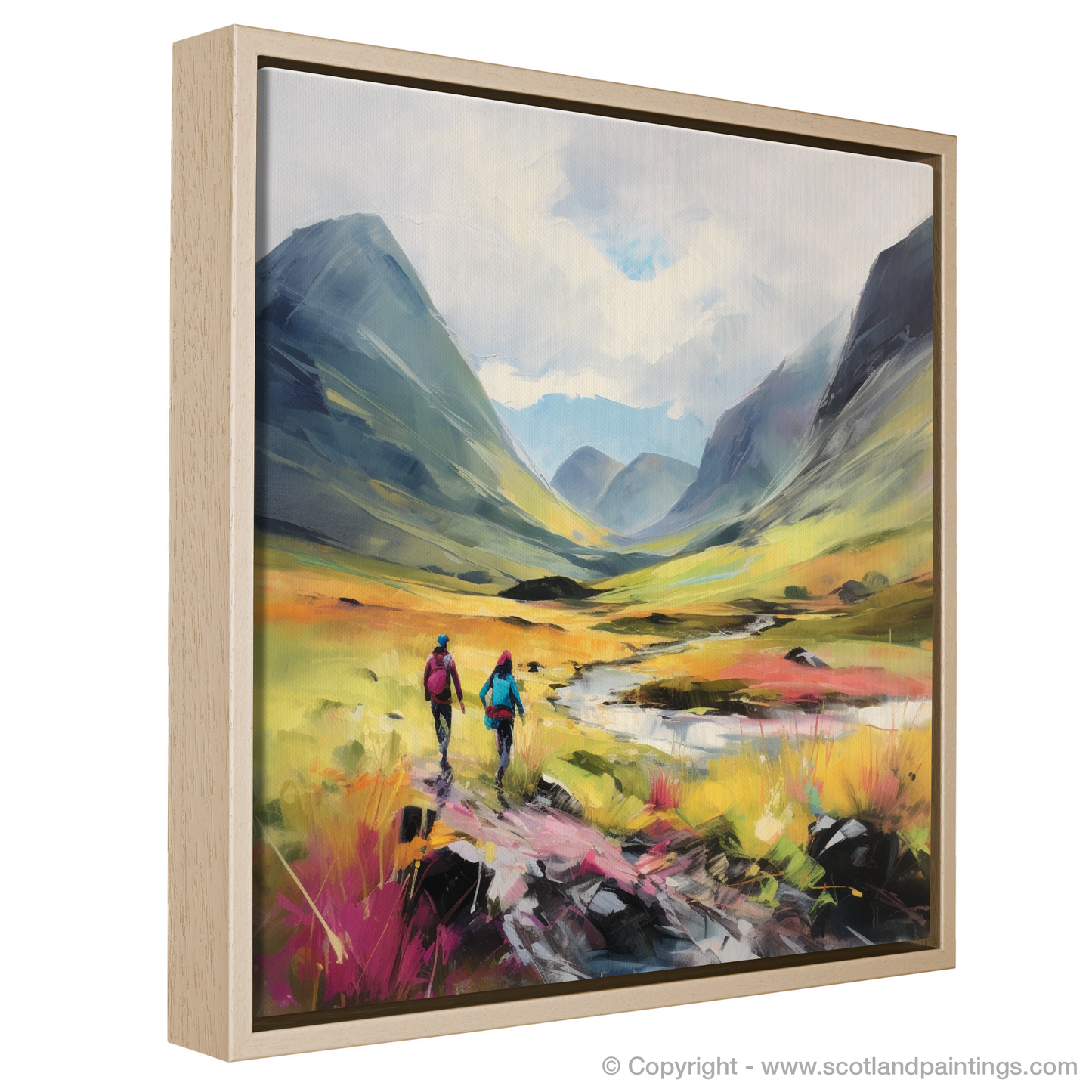 Painting and Art Print of Walkers in Glencoe during summer entitled "Summer Stride in Glencoe Highlands".